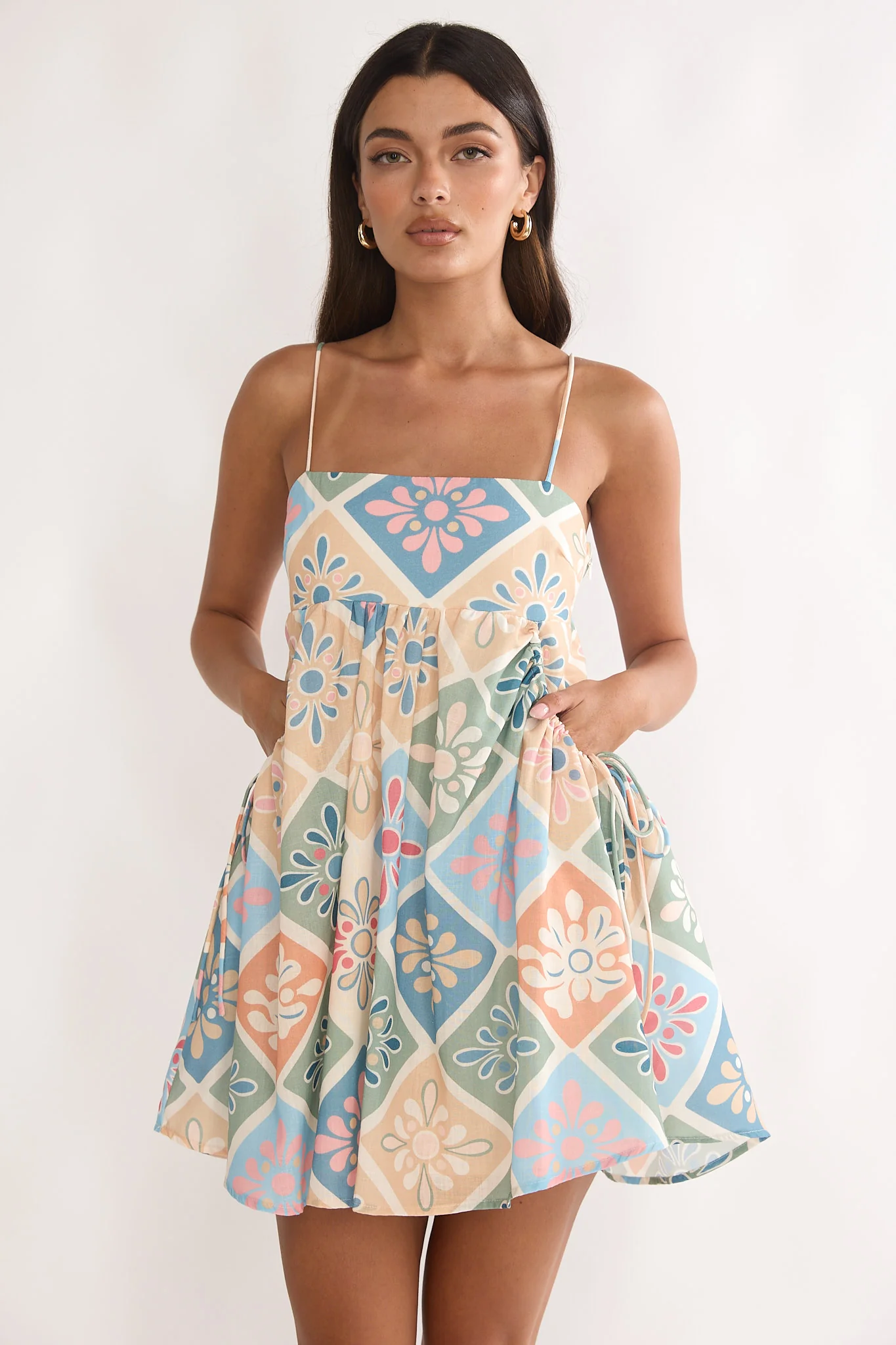 Terenza Tied Back Baby Doll Mini Dress Green Multi - luluinthesky