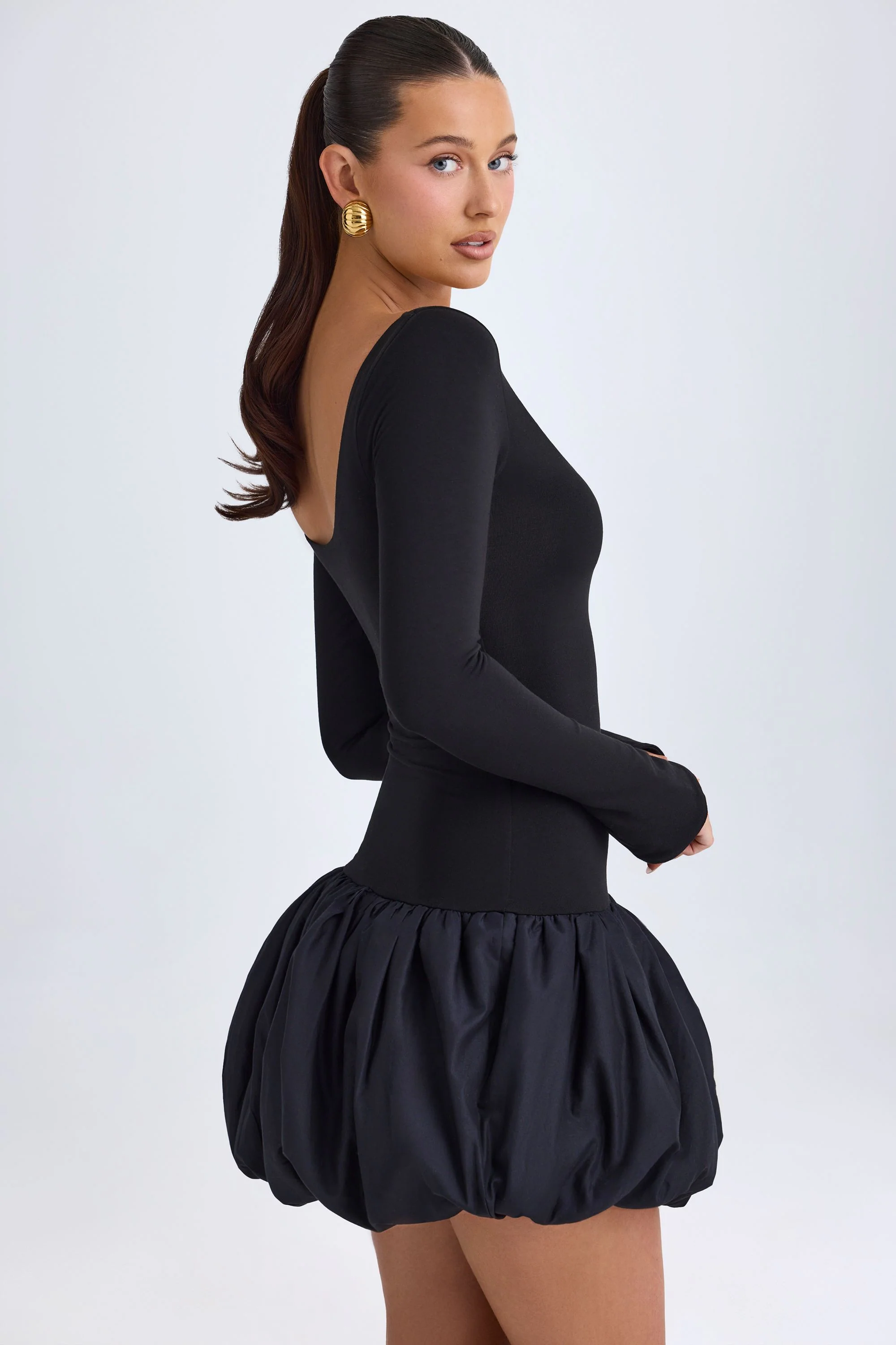 Modal Scoop-Neck Drop-Waist Bubble Hem Mini Dress in Black