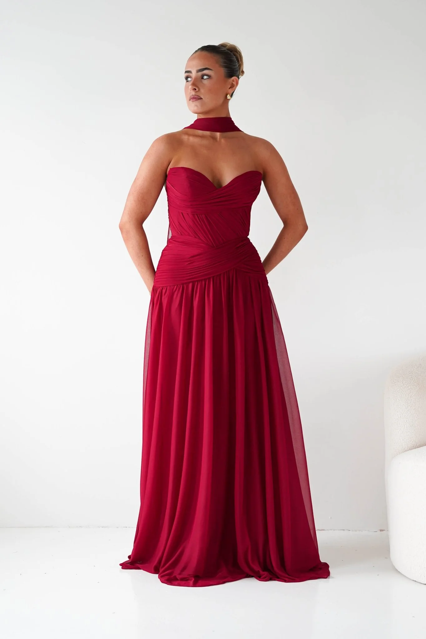 Nicolette Strapless Chiffon Maxi Gown | Dark Red