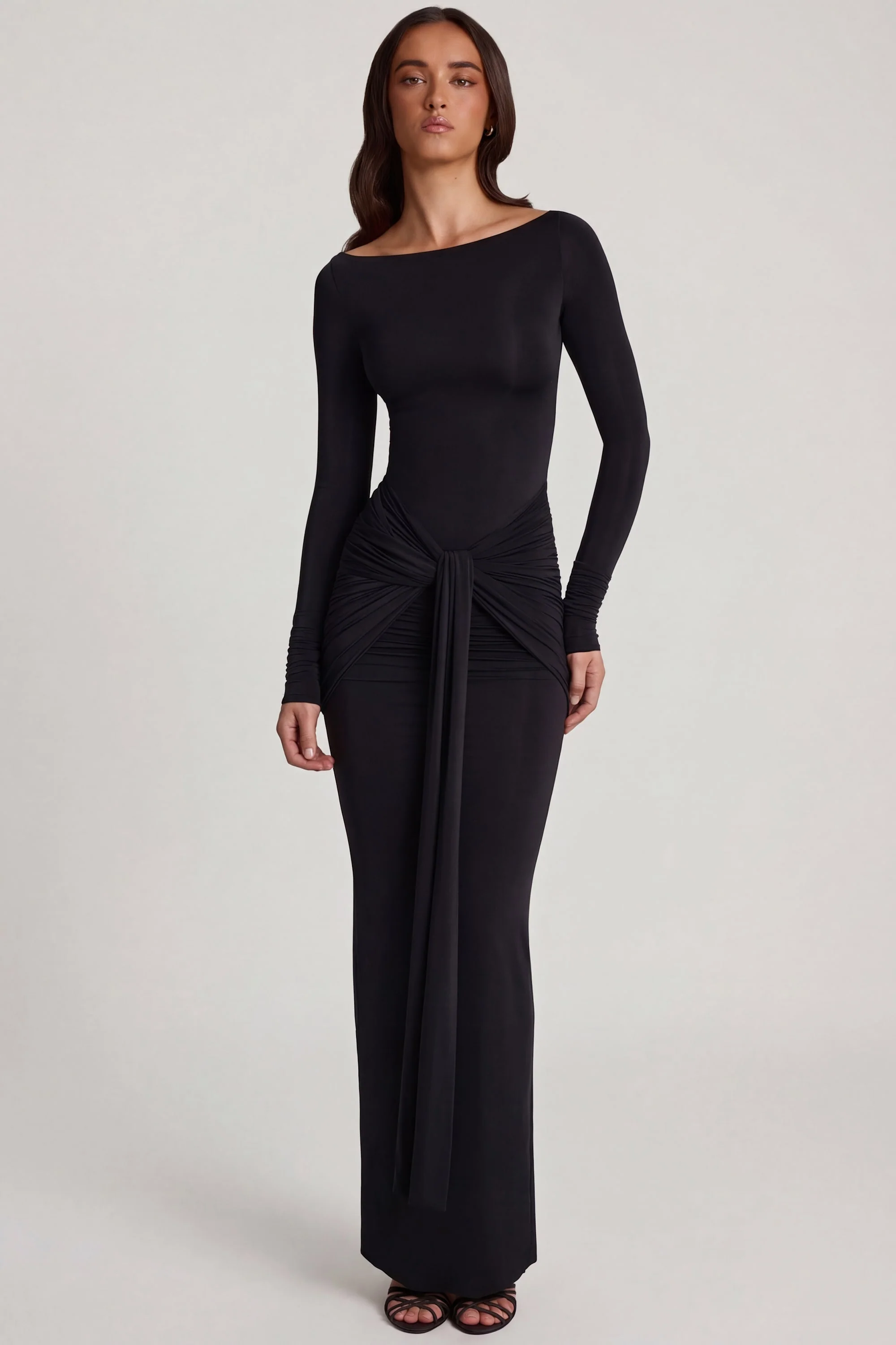 Soft Jersey Boat-Neck Tie-Gather Maxi Dress in Black