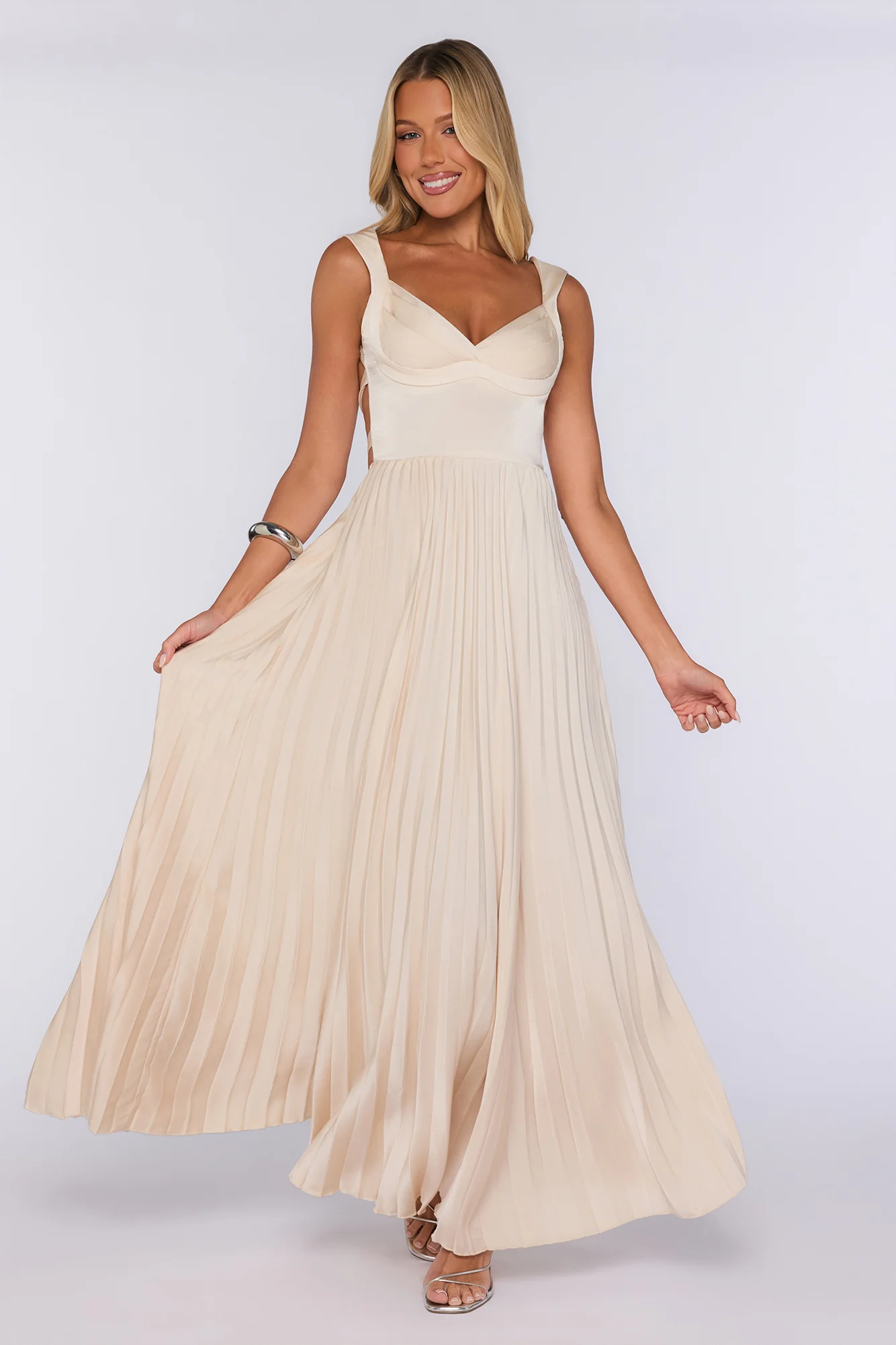 Satin Glow Pleated Maxi Dress Champagne
