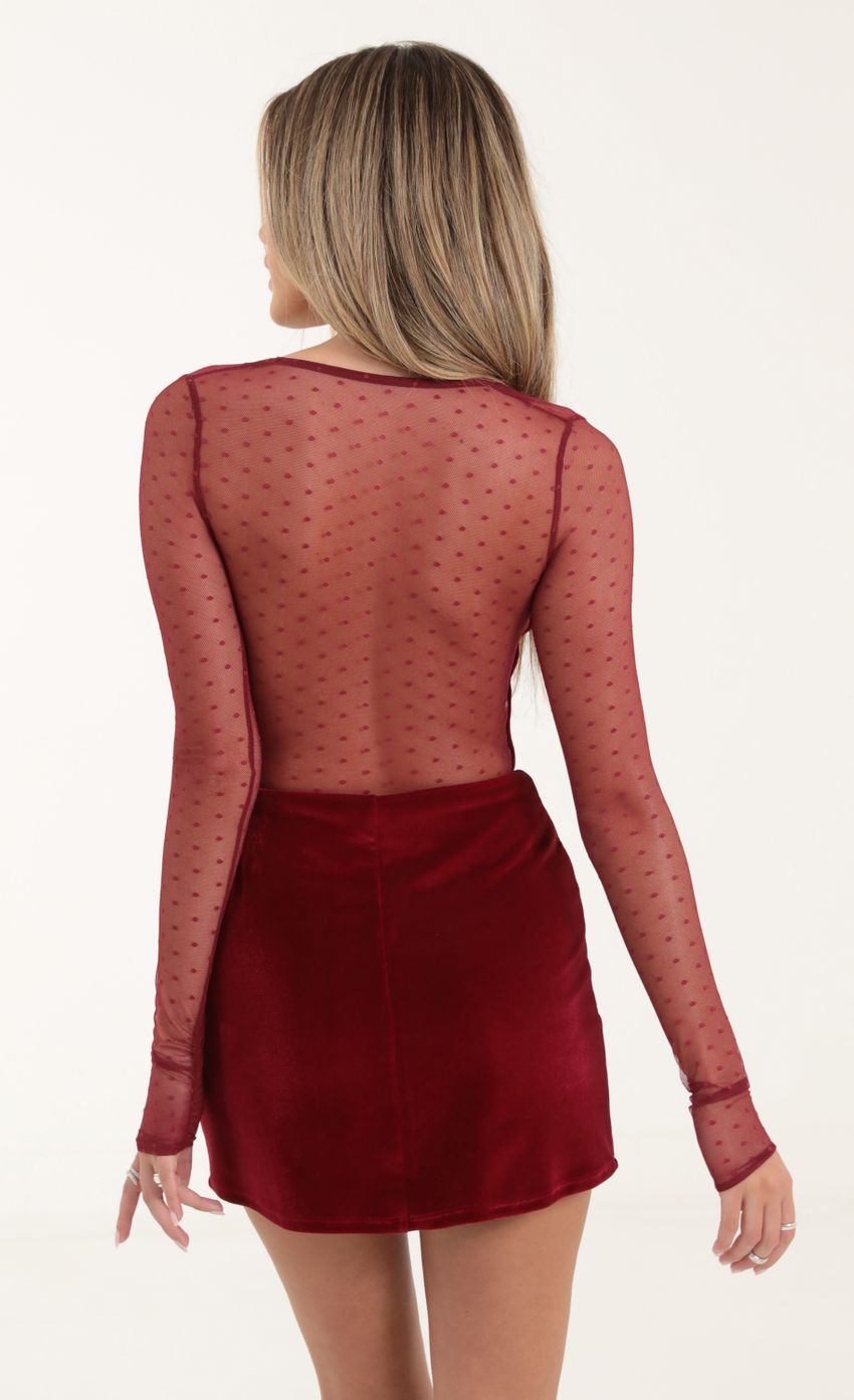 Dotted Mesh Long Sleeve Cutout Dress in Red