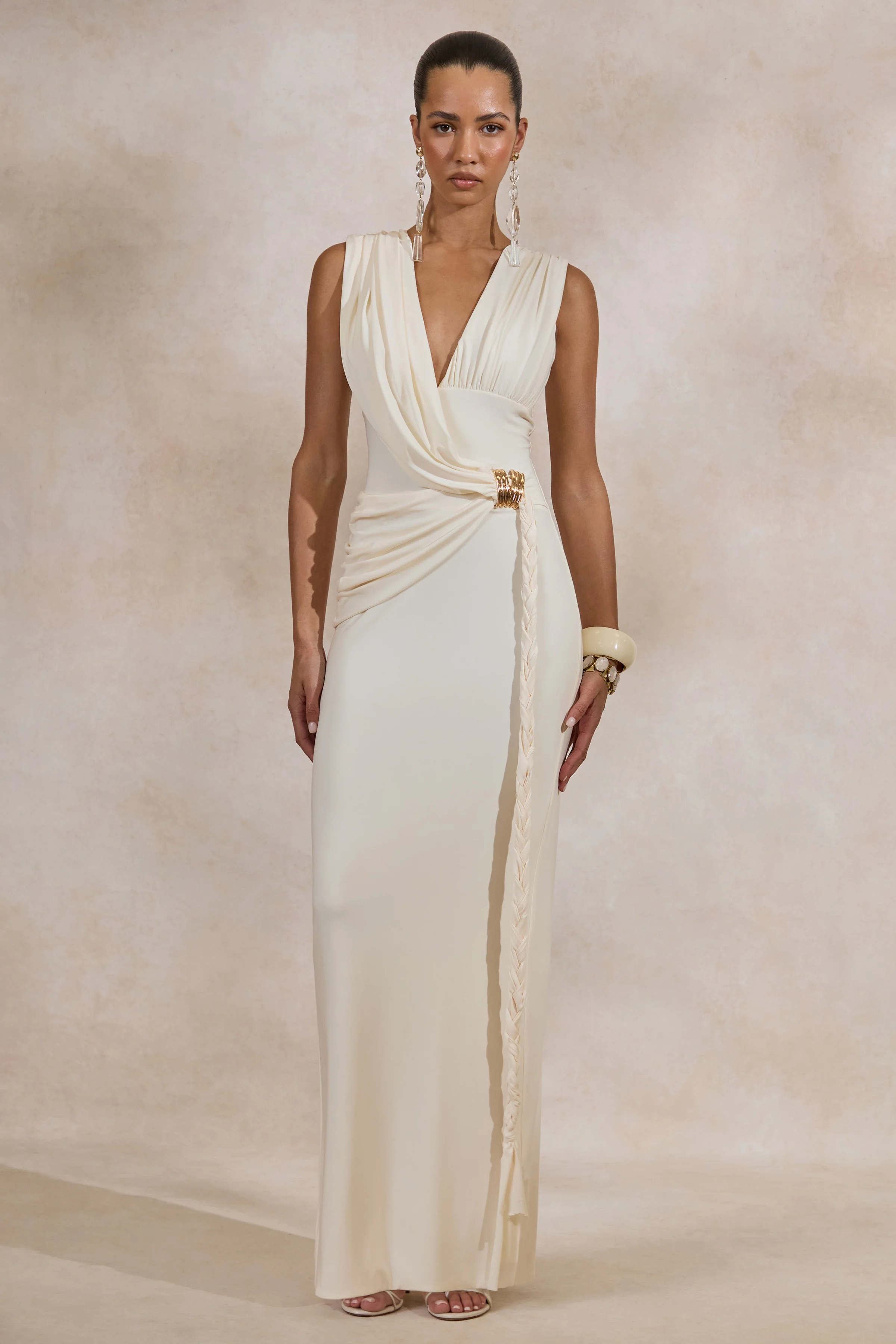 Nalina | Cream Plunge-Neck Maxi Dress With Gathered Detailing And Gold Detail - luluinthesky