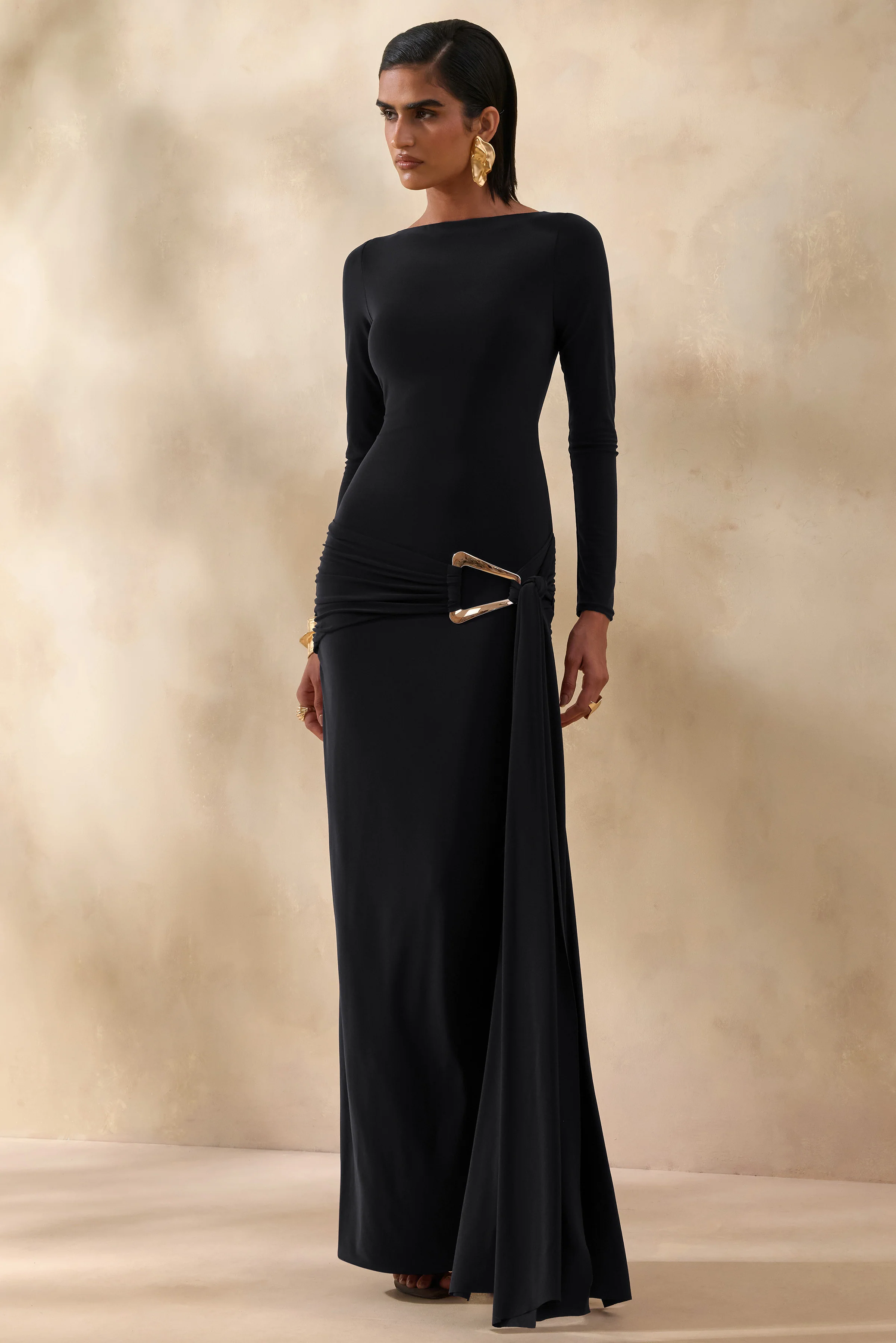 Astrielle | Black Wide-Neck With Gold-Detail And Sash