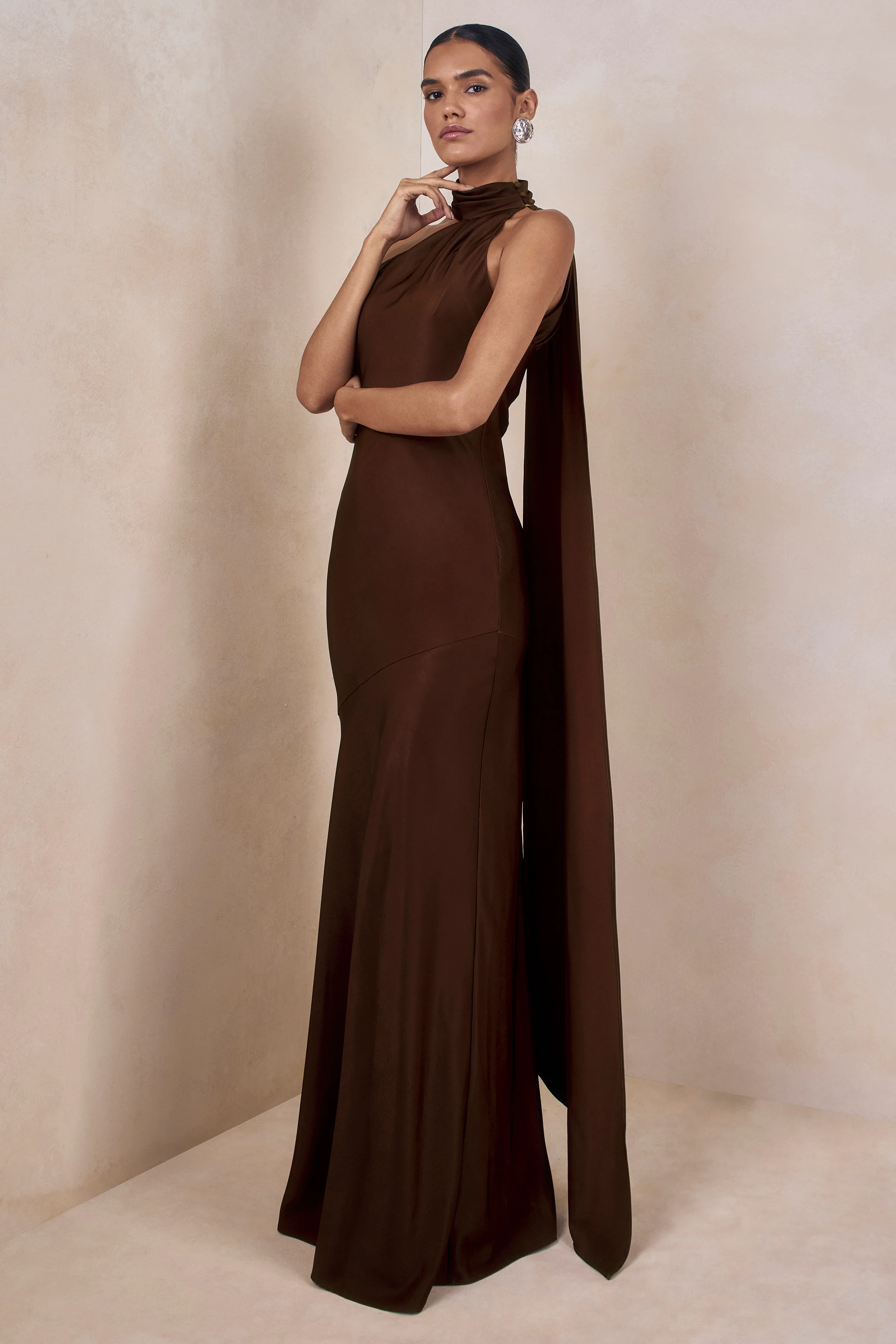 Cara | Brown Matte Satin High-Neck Maxi Dress
