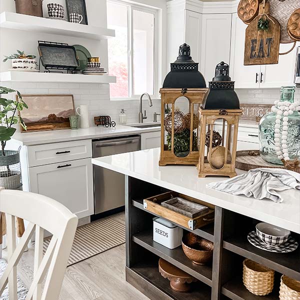 Refined Classic Natural Wood and Black Iron Lanterns, Set of 2