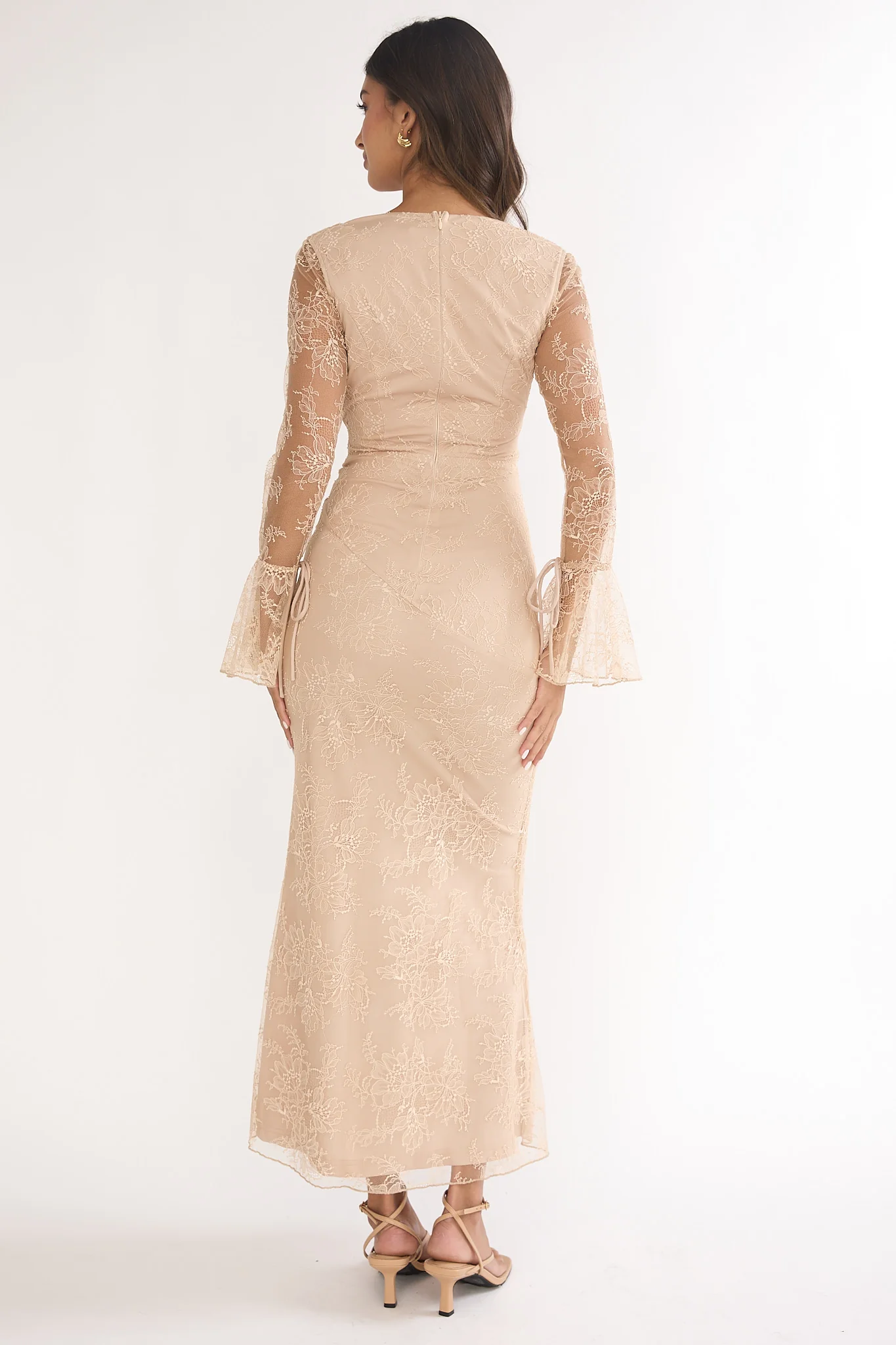 Lysandra Flared Cuff Maxi Dress Lace Beige