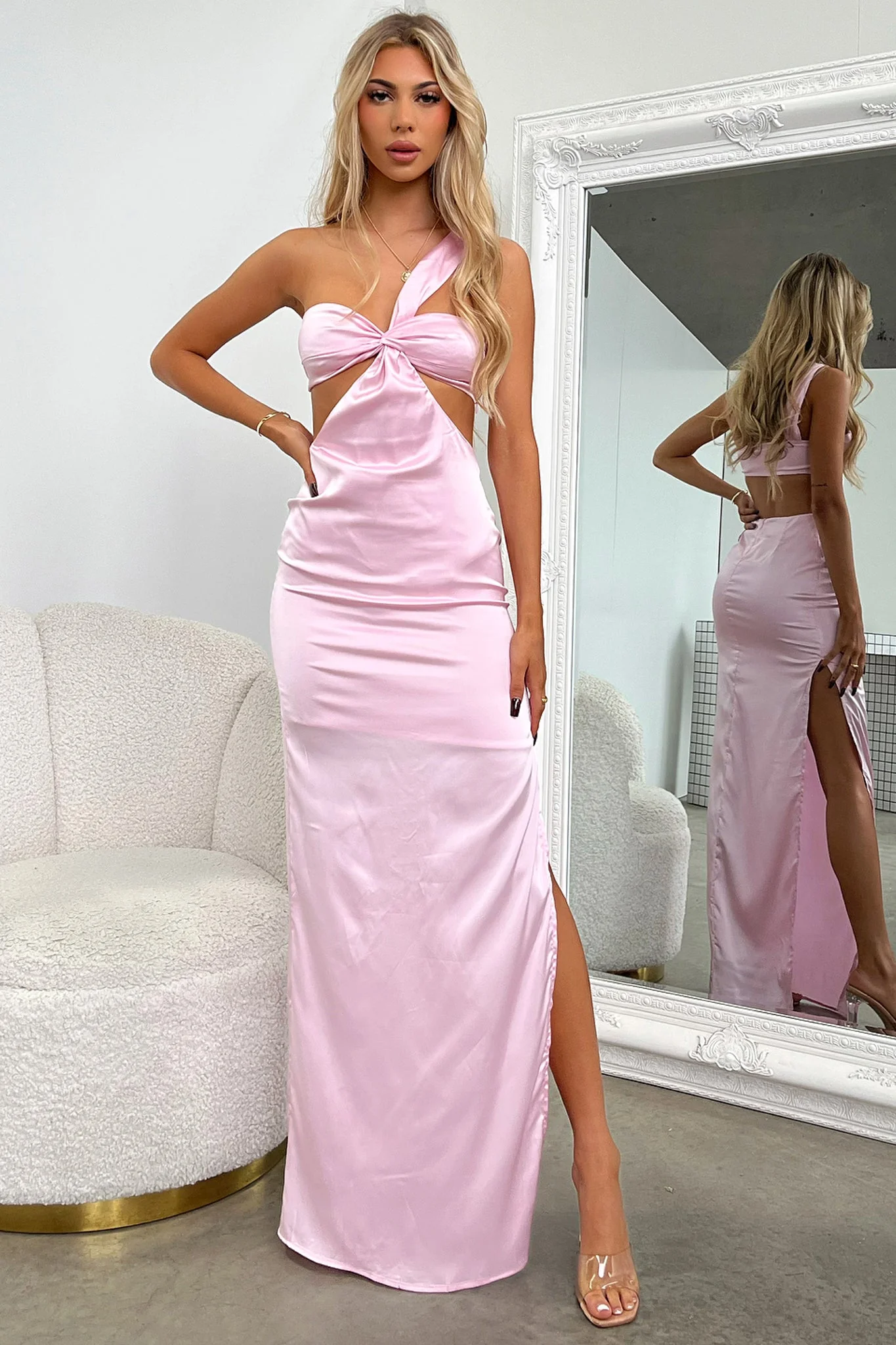 Alexia One Shoulder Satin Maxi Dress - Pink