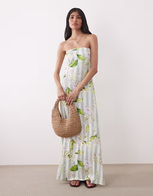 strapless maxi dress in striped floral print
