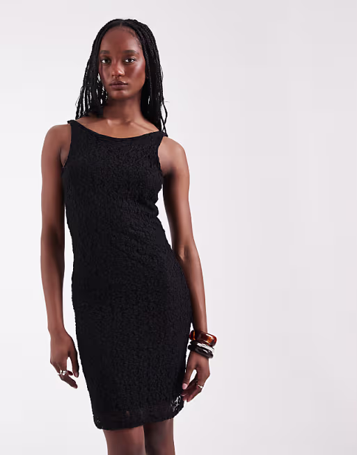 Vero Moda Tall stretch floral lace sleeveless slash neck mini dress in black