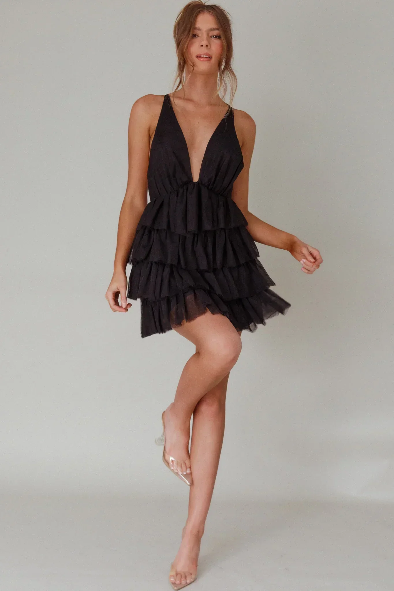 Auguste Tiered Frill Mini Dress Black