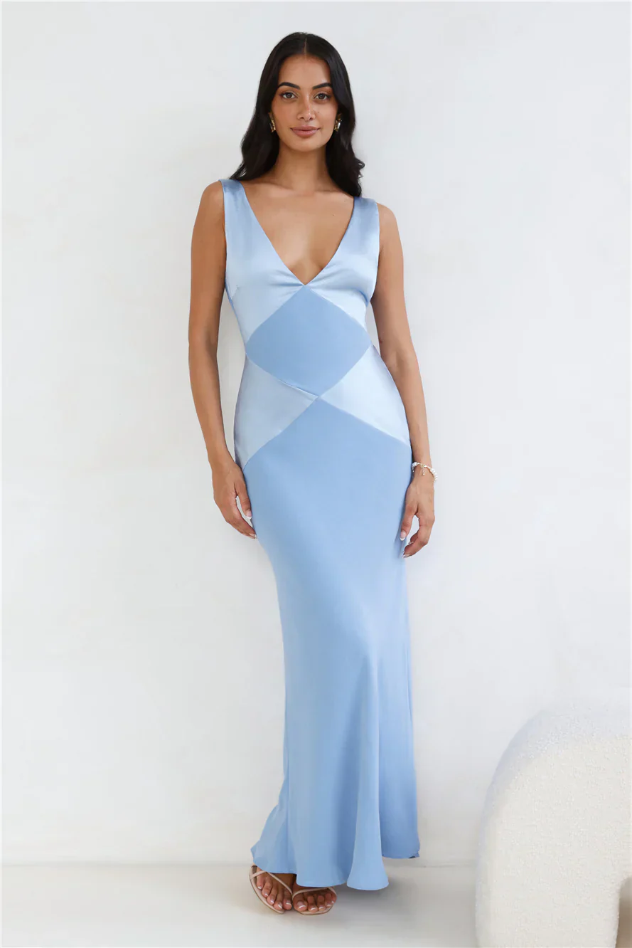 Subtle Splendor Satin Maxi Dress Light Blue