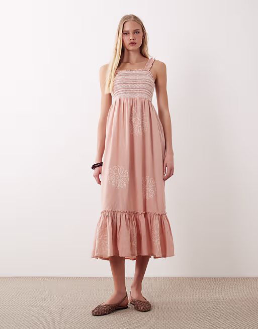 Accessorize embroidered maxi beach dress with frill straps in pink