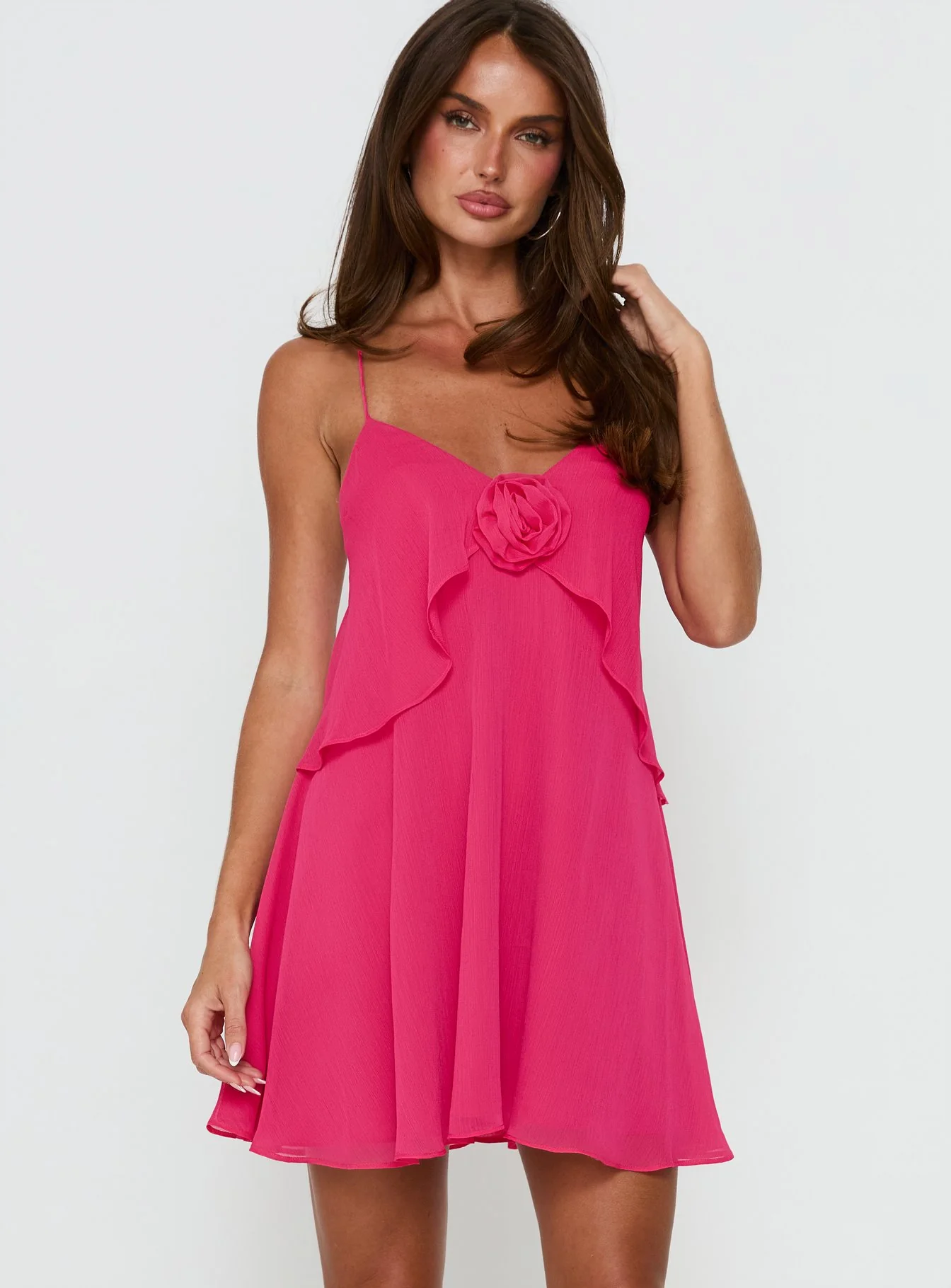 Big Picture Chiffon Babydoll Frill Mini Dress Fuschia