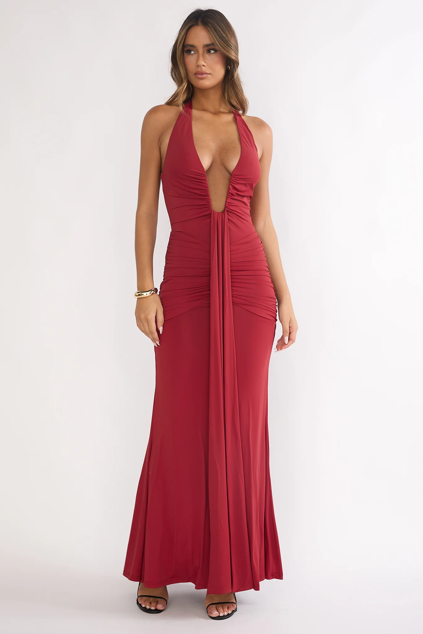 Brienna Halter Ruched Maxi Dress Wine