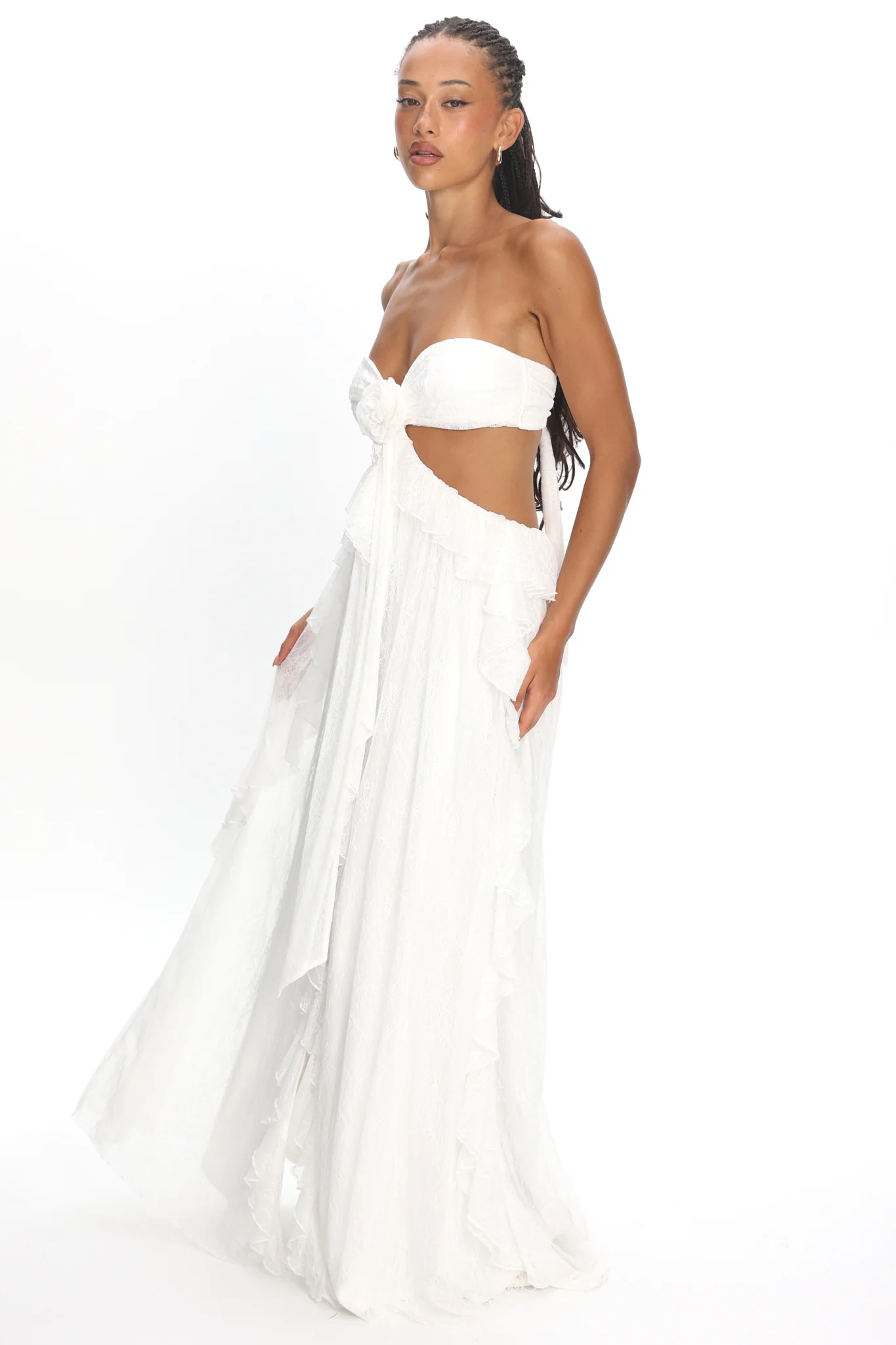 Santiago Cut-Out Ruffle Dress Lace White - luluinthesky