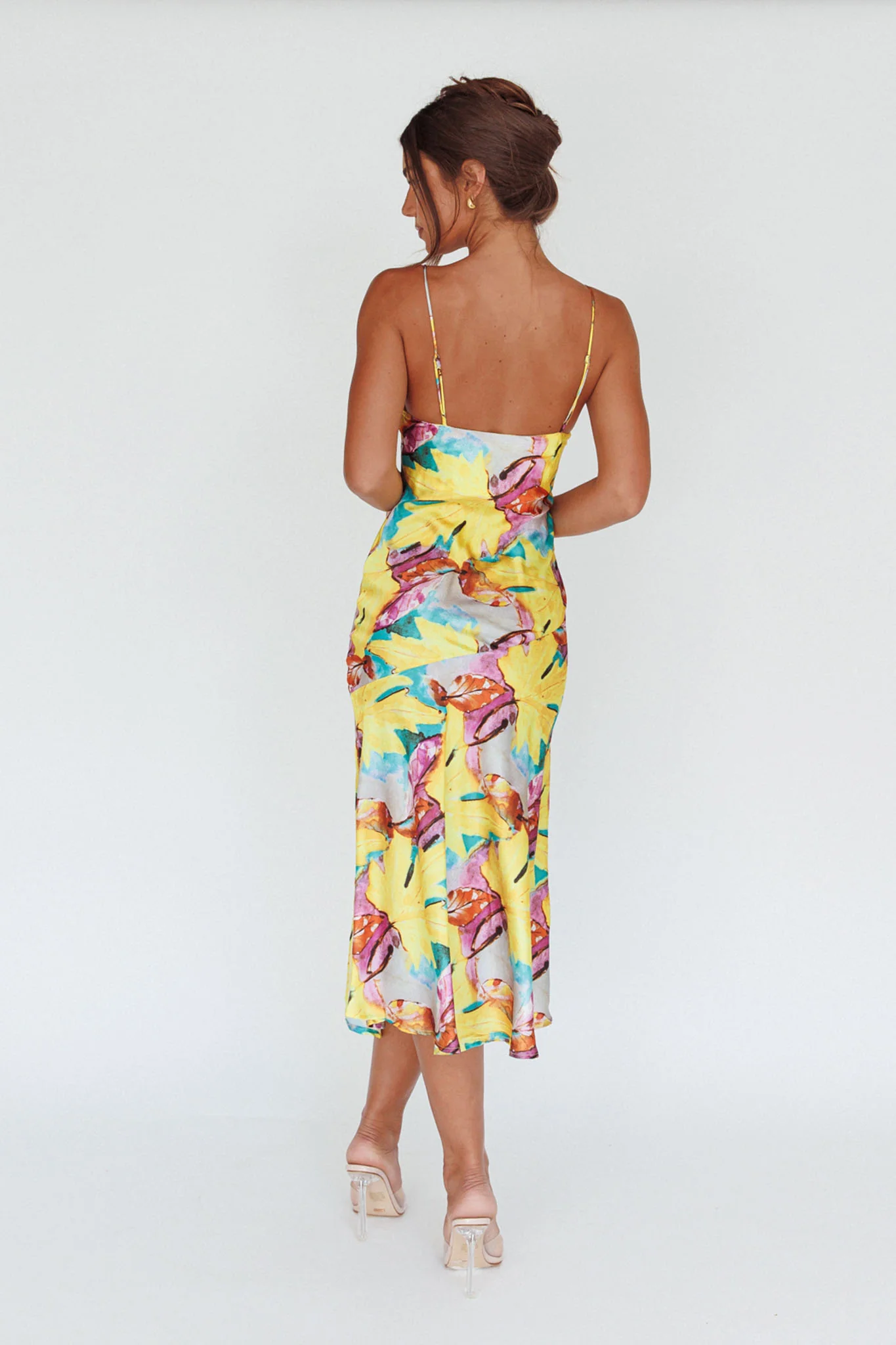 Well Versed Pleated Bust Front Split Dress Leaf Print Yellow