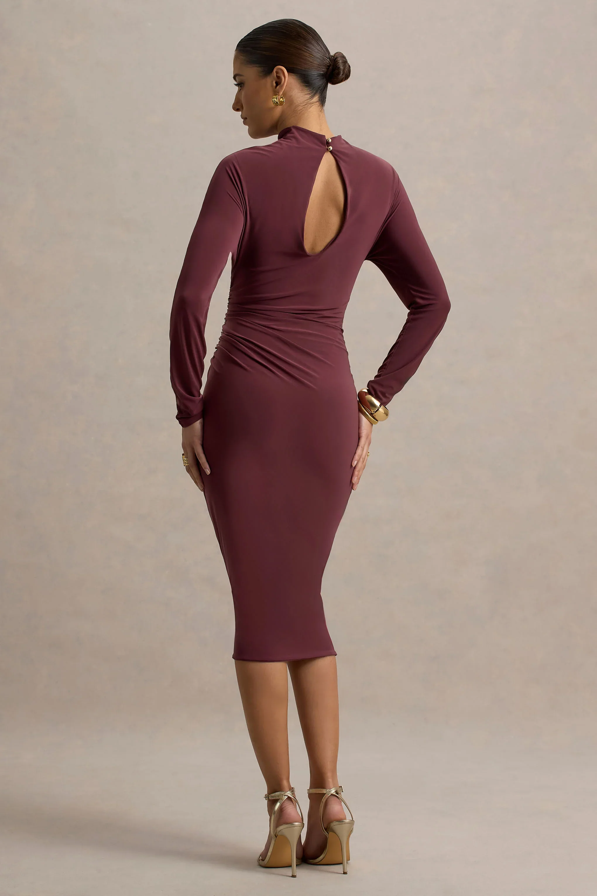 Pandora | Burgundy Long-Sleeve Midi Dress With Cut-Out