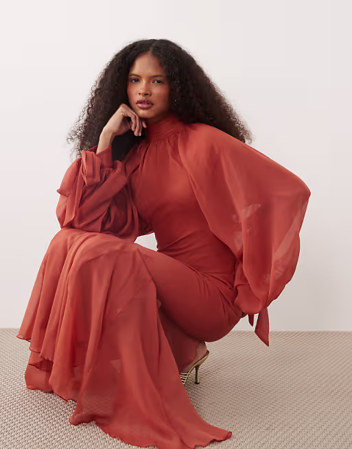 high neck maxi dress with godet hem in rust