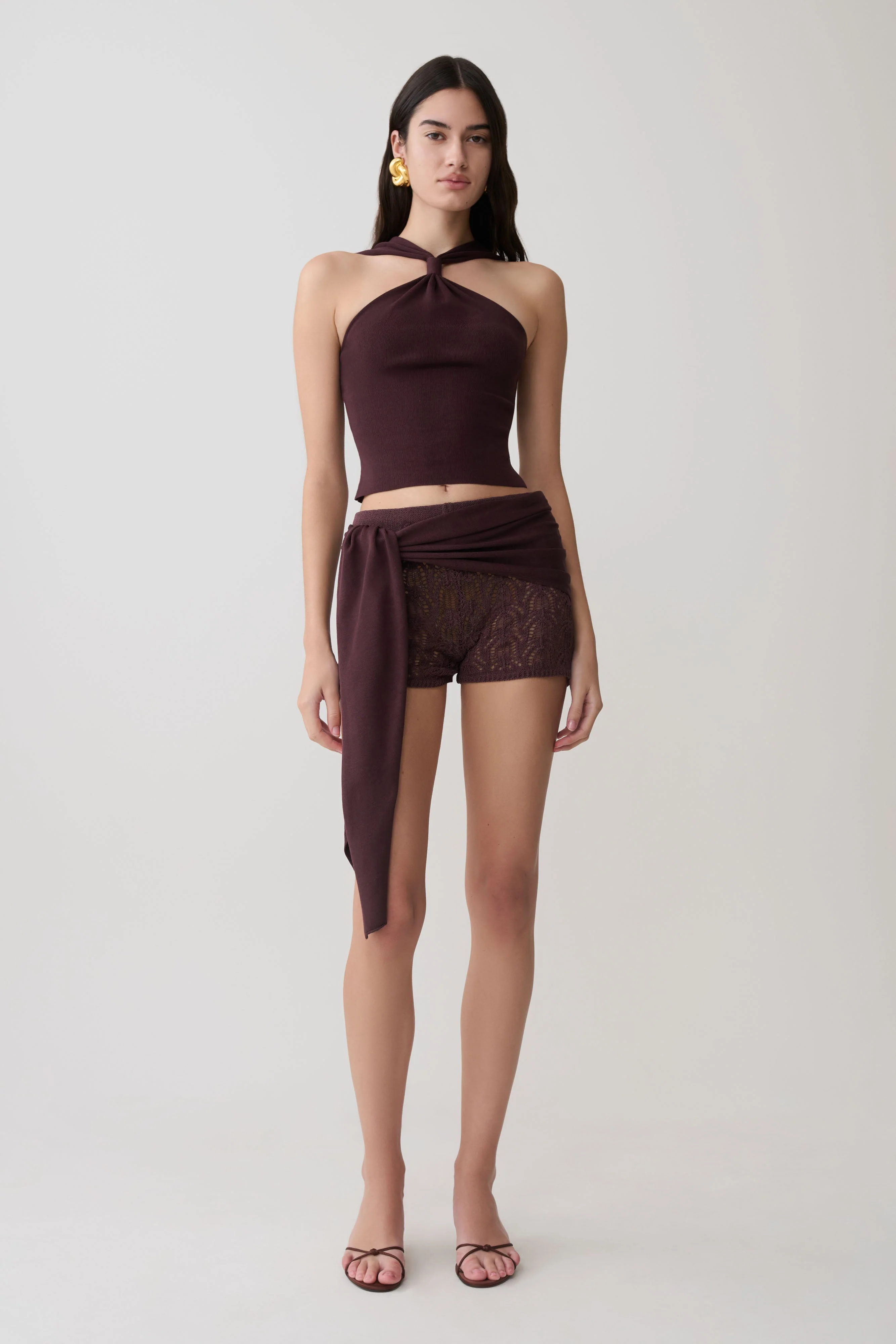 Liora Crochet Shorts With Knit Overlay - Chocolate