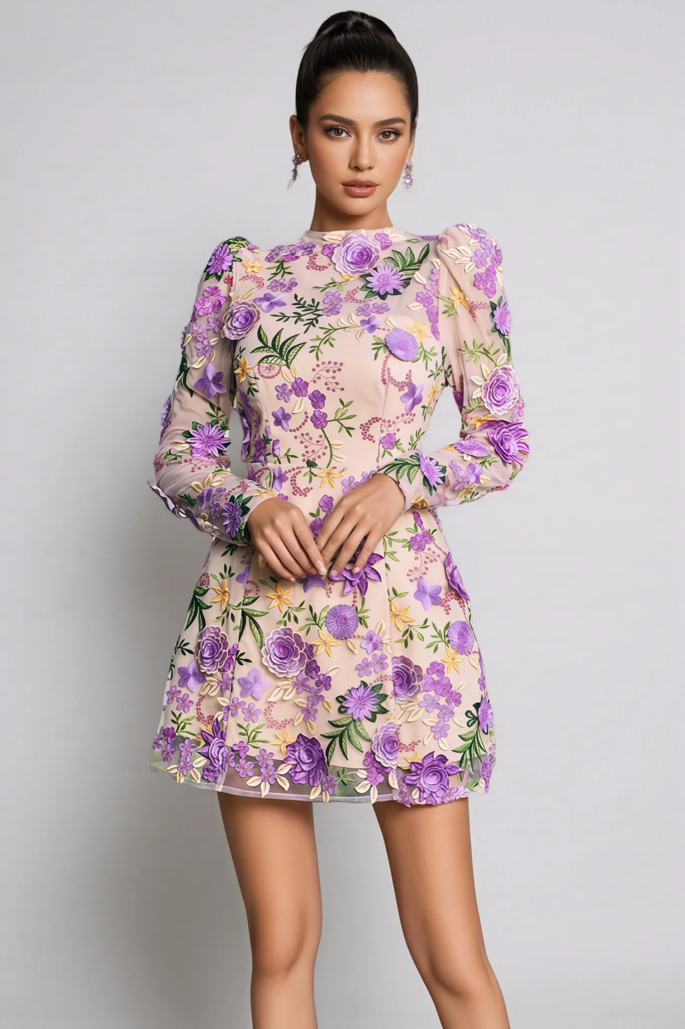 Taina Purple Flower Embroidered Mini Dress