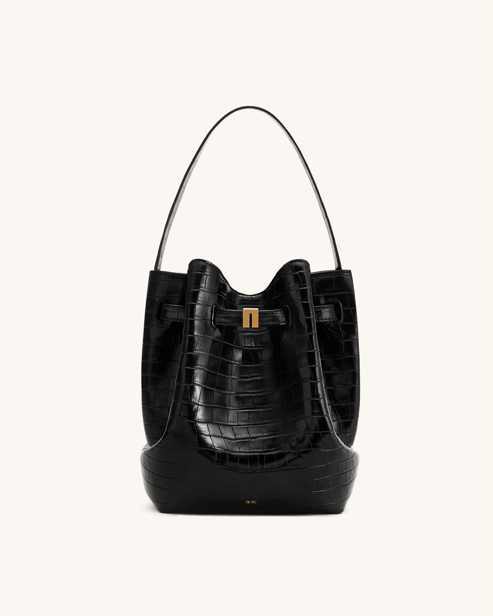 Clara Lock Accent Bucket Shoulder Bag - Black Croc