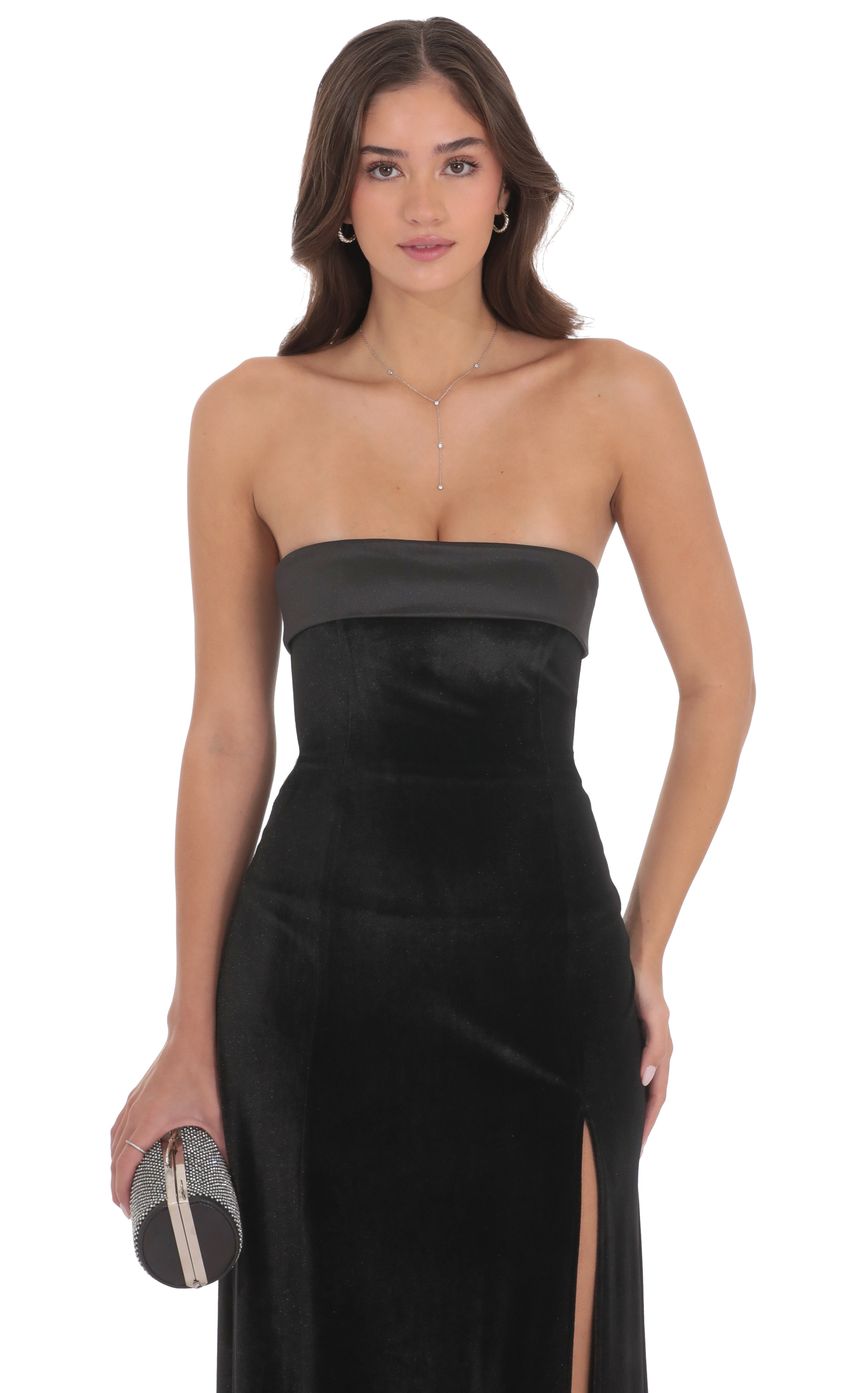 Satin Trim Velvet Strapless Maxi Dress in Black - FASHION NOB