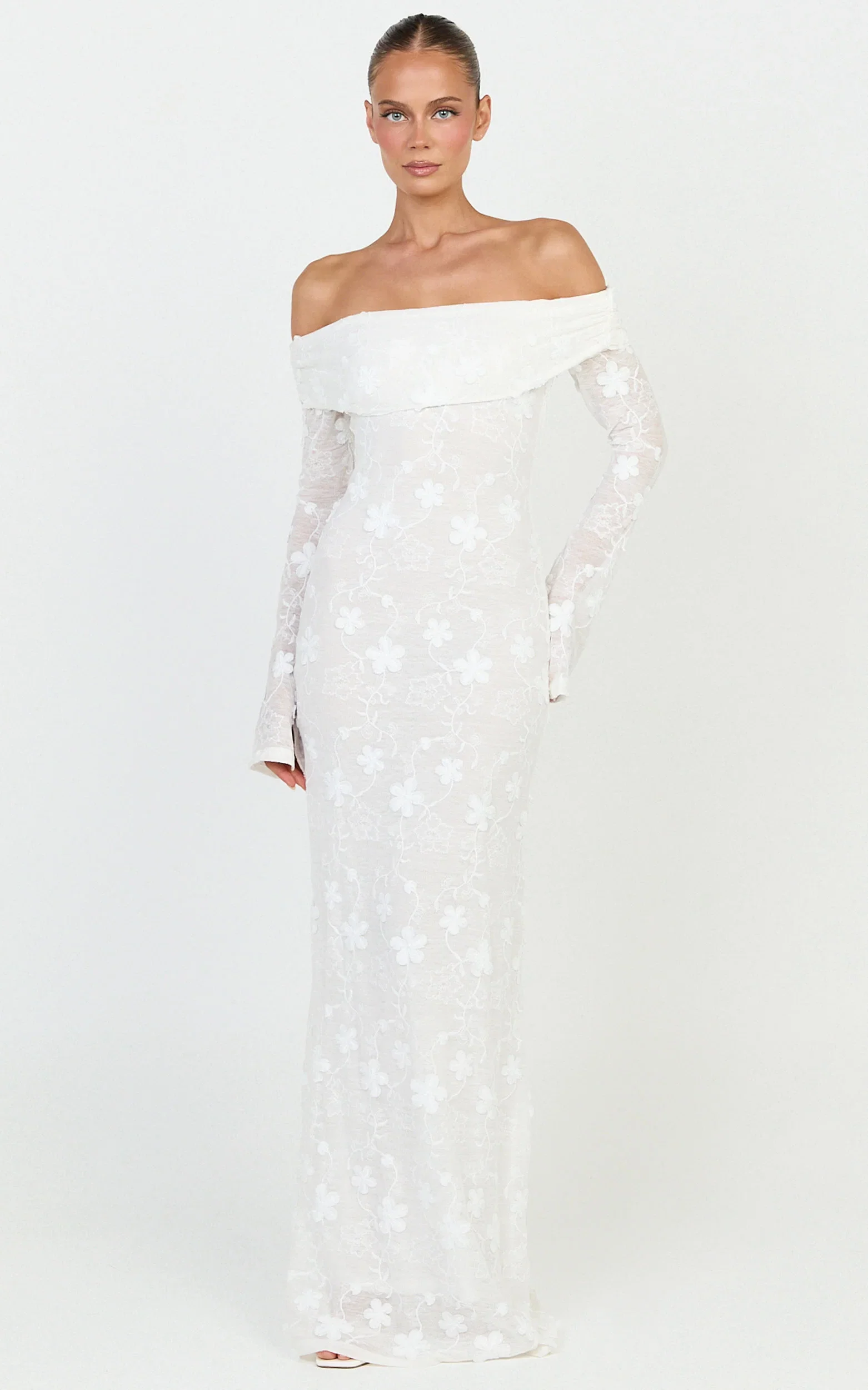 Aurelle Maxi Dress - Off Shoulder Floral Embroidered Dress in Ivory