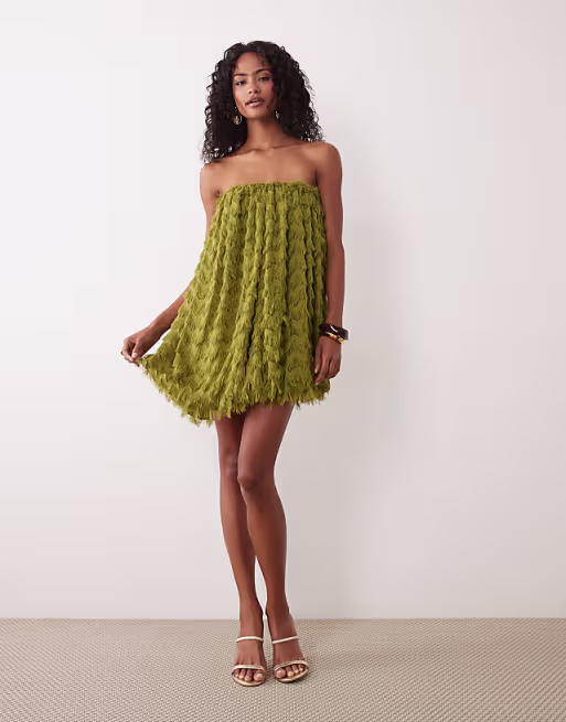 wave textured bubble sweetheart neck mini dress in olive green