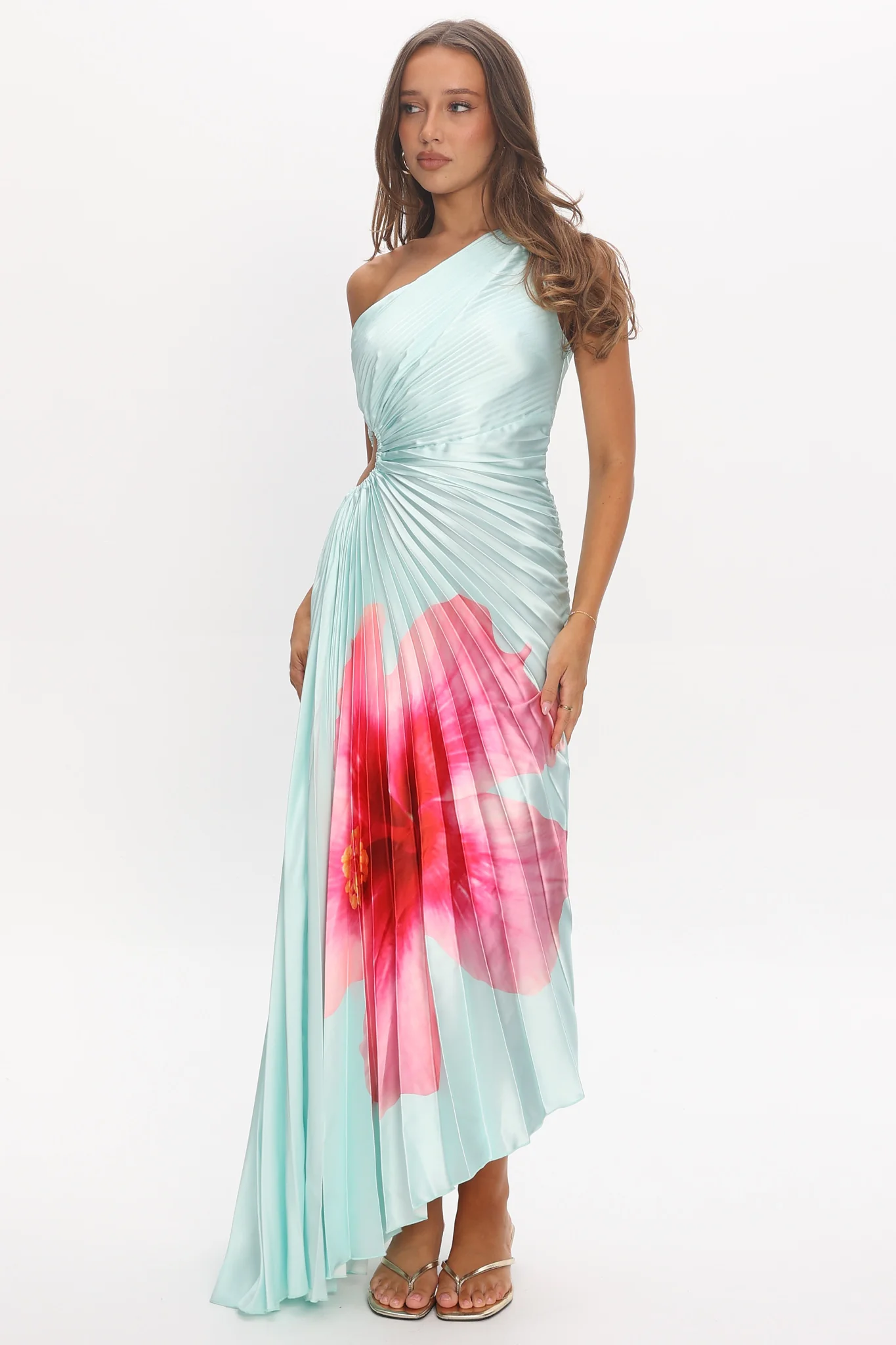 Amelie One-Shoulder Accordion Pleat Maxi Dress Hibiscus Mint - luluinthesky