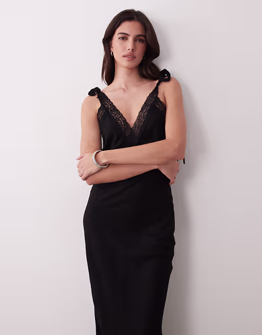 slip maxi dress with lace trim and ties in black