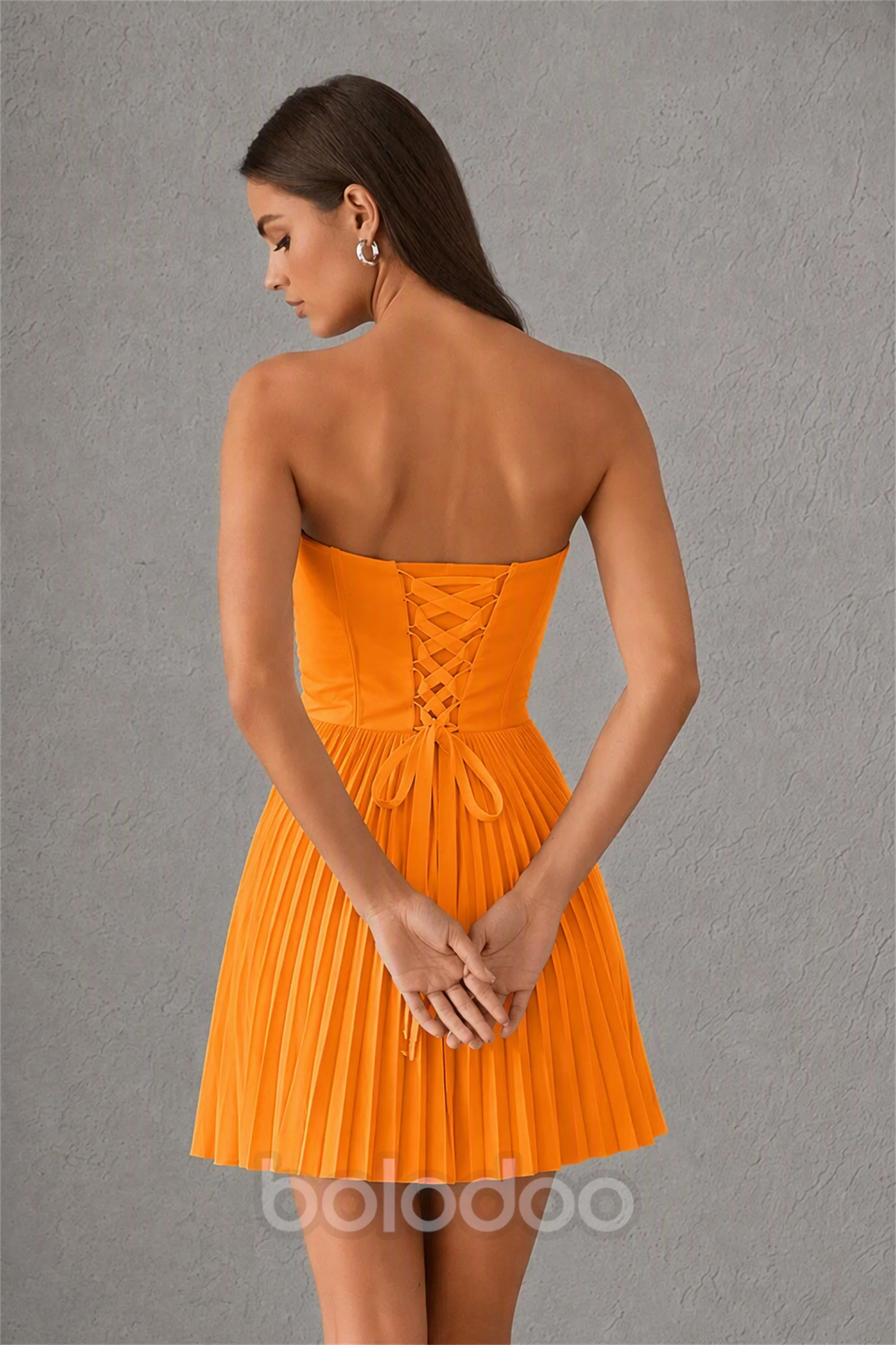 BOLODOO Orange Strapless Sweetheart Pleated Corset Mini Dress with Lace-Up Back
