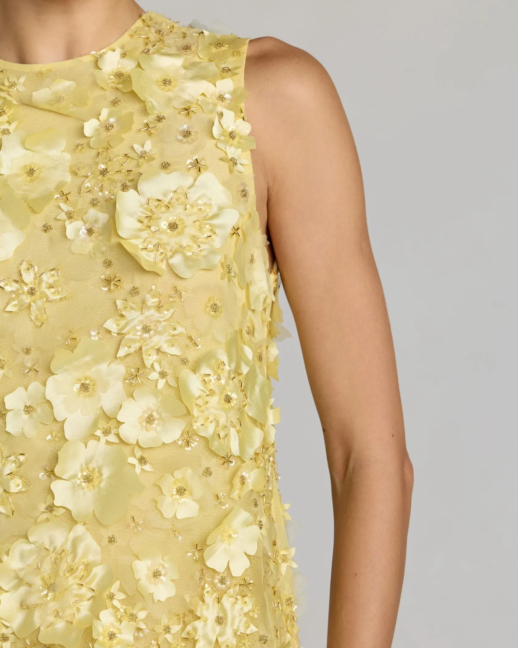 Yellow 3D Floral Embellished Sleeveless Mini Dress