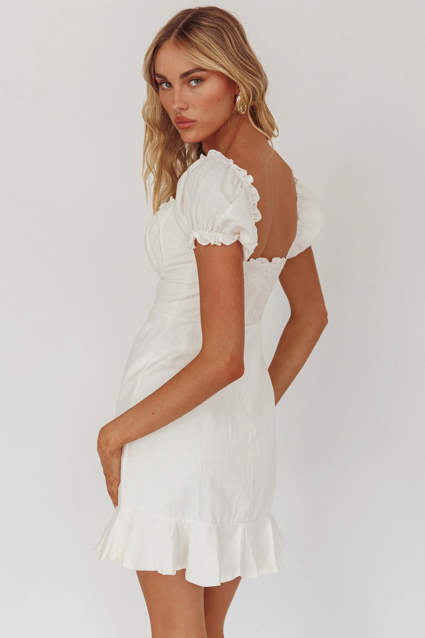 Heaven Sent Ruched Bust Puff Sleeve Dress White - luluinthesky