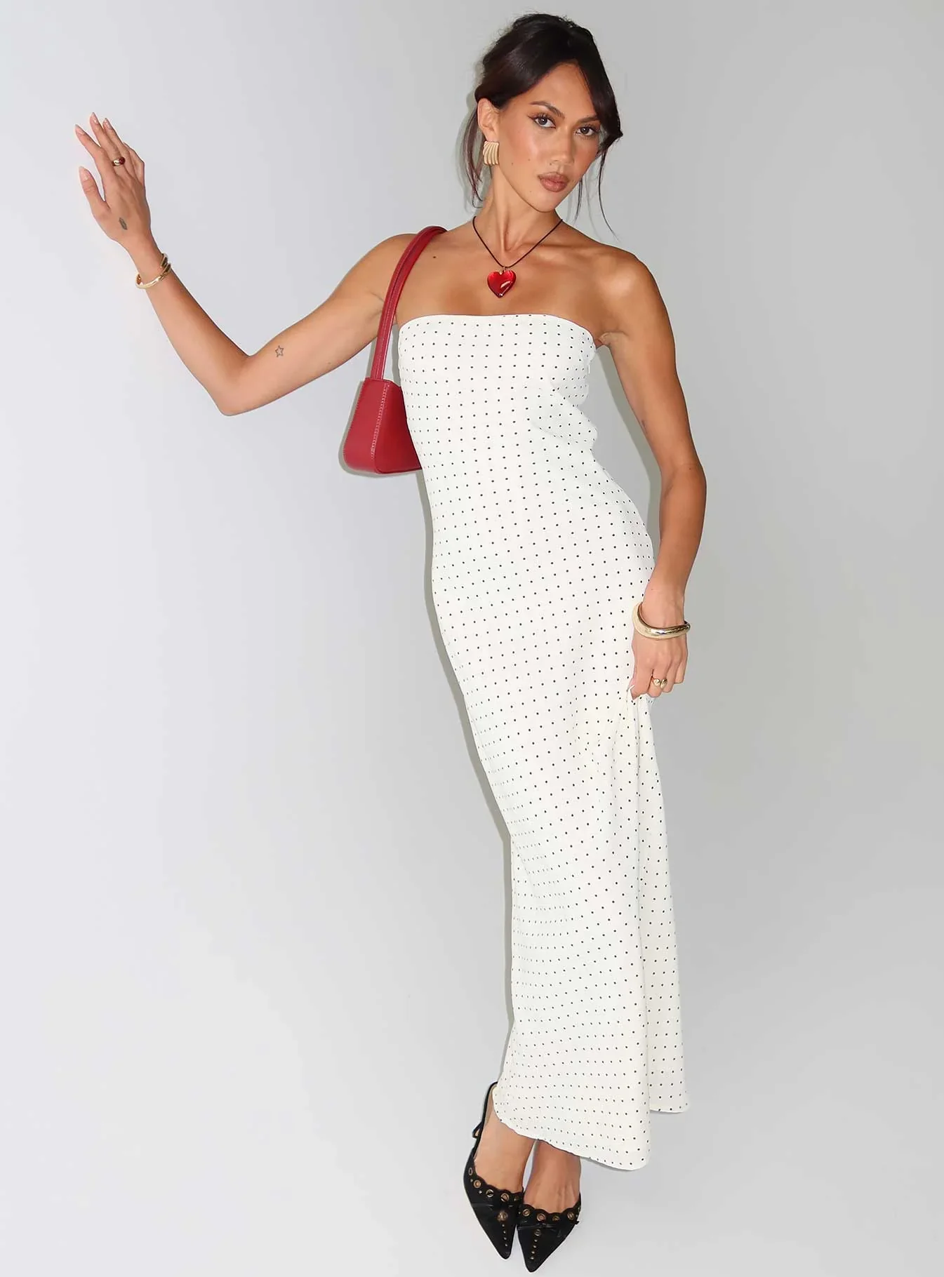Just For Fun Strapless Maxi Dress White Polka Dot