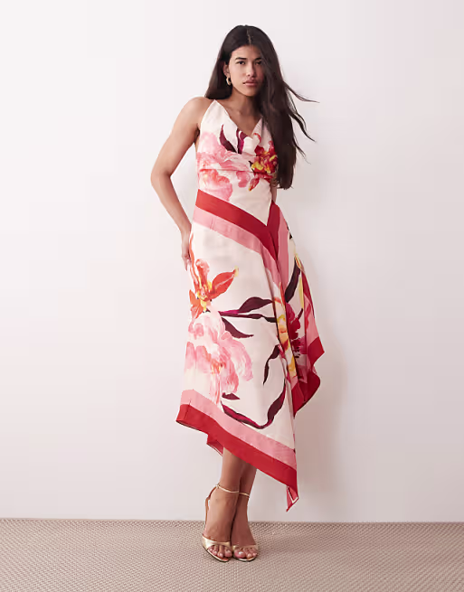 deep cowl asymmetric open back maxi dress in scarf print