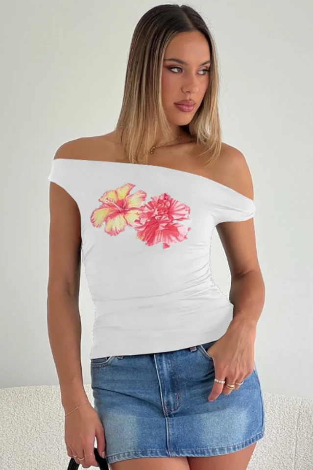 Twist Off Shoulder Graphic Top