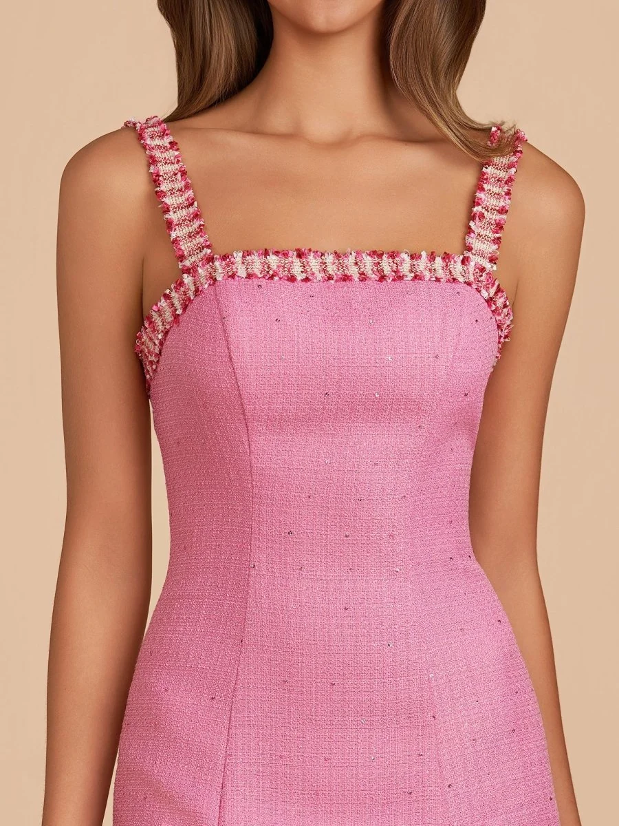 Pink Spaghetti Straps Beaded Sheath Homecoming Dress With Bows
