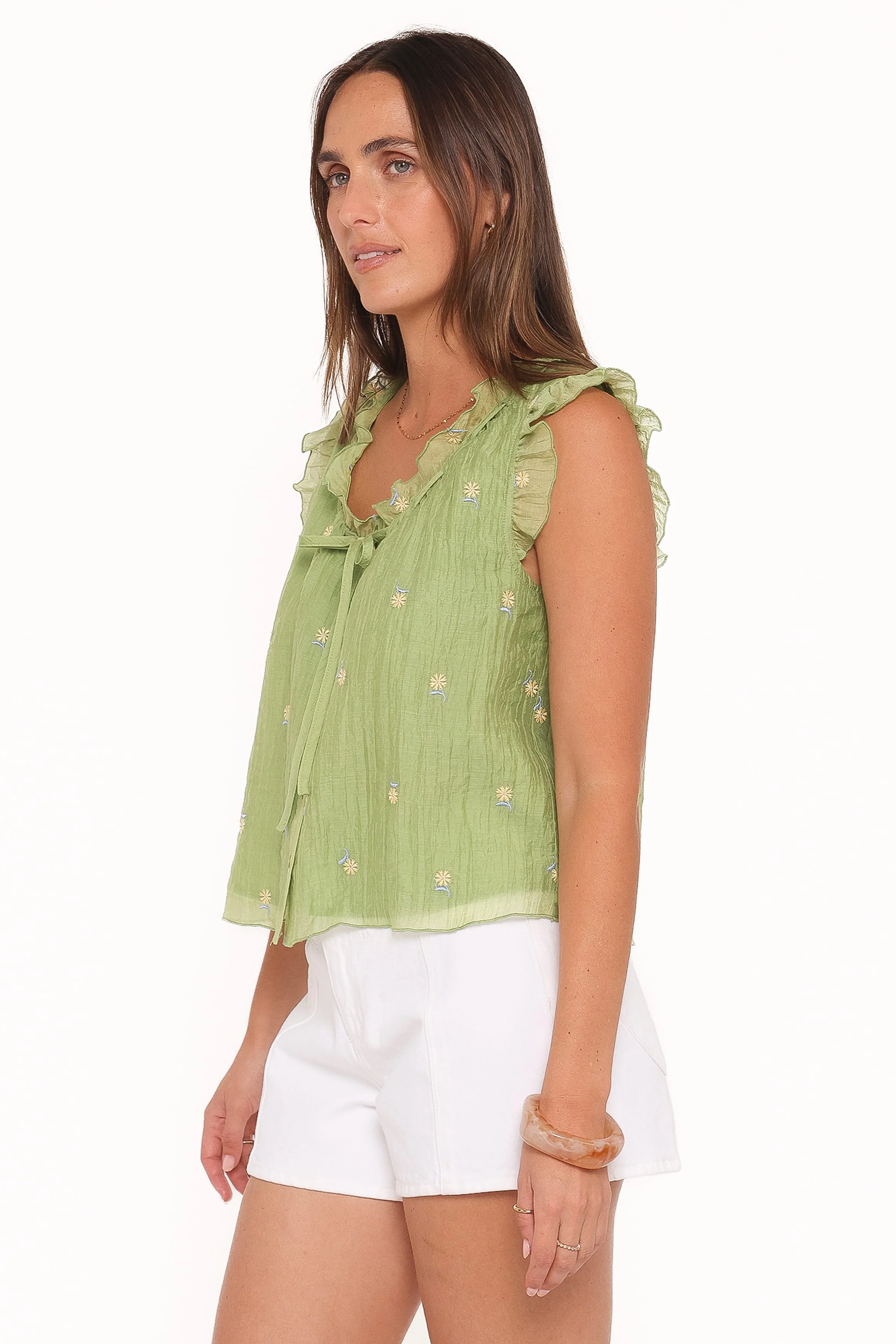Lumi Embroidered Ruffle Top - Green
