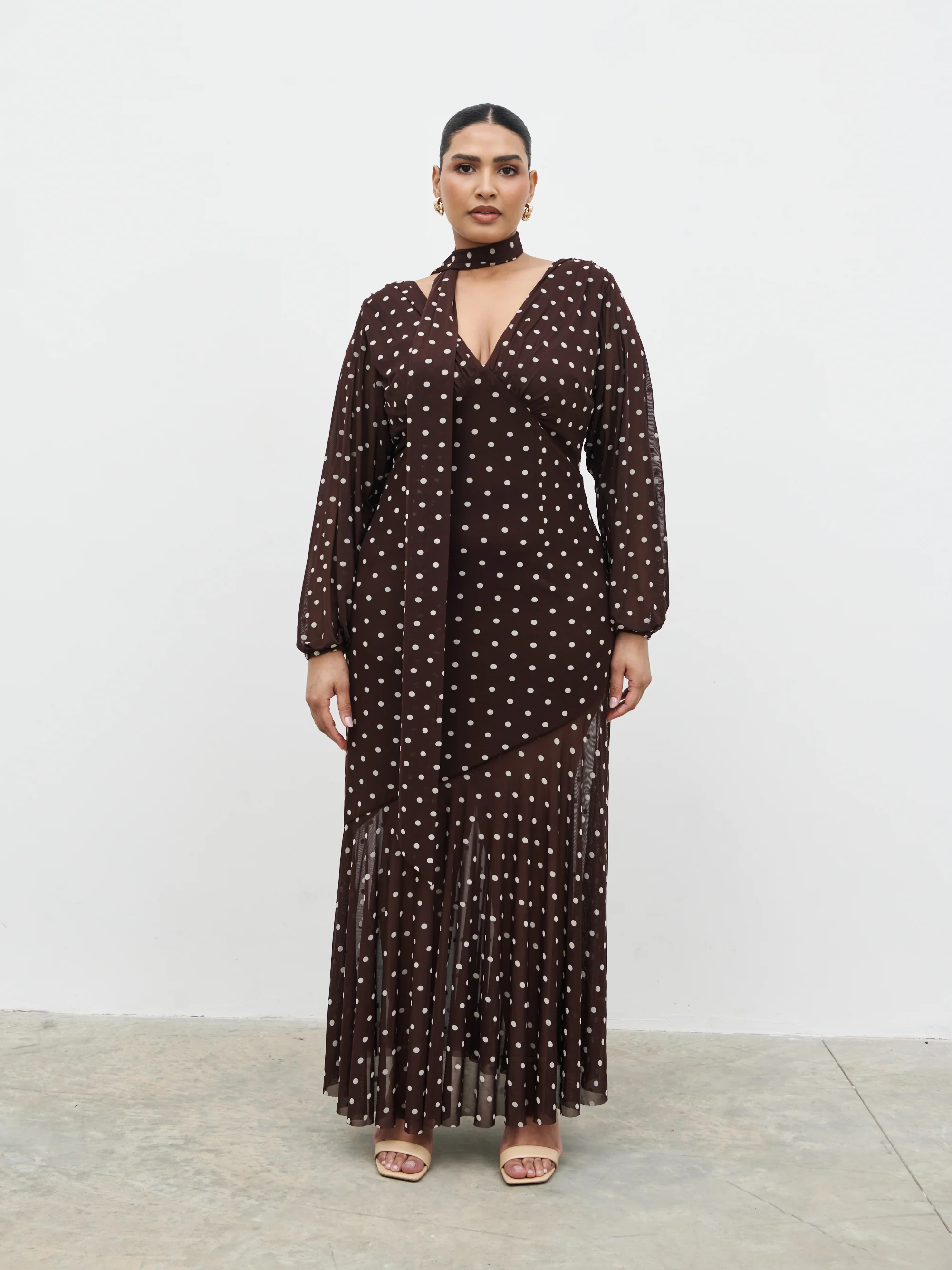 Petula Scarf Mesh Maxi Dress Curve - Brown and Cream Polkadot