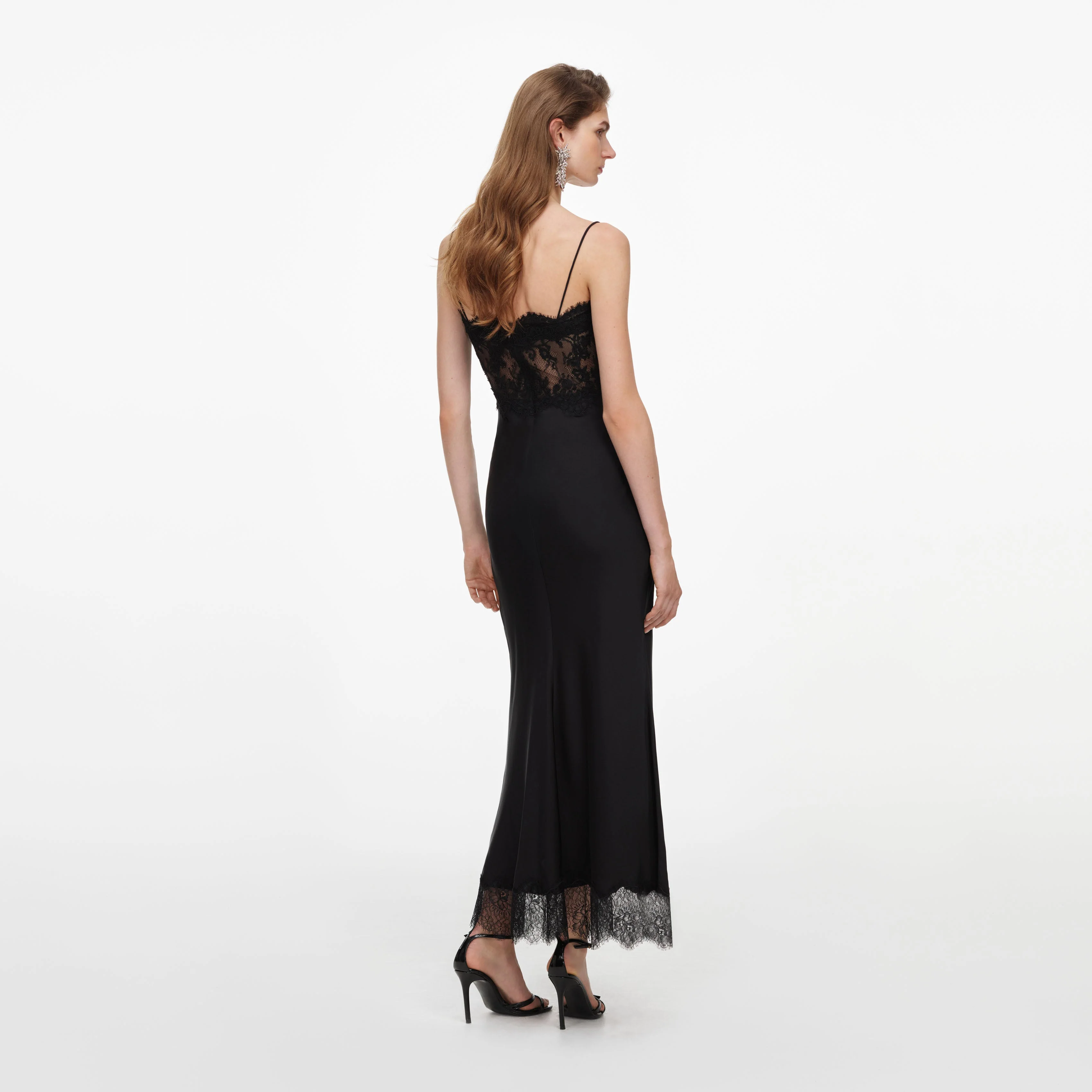 Black Satin Lace Midi Dress