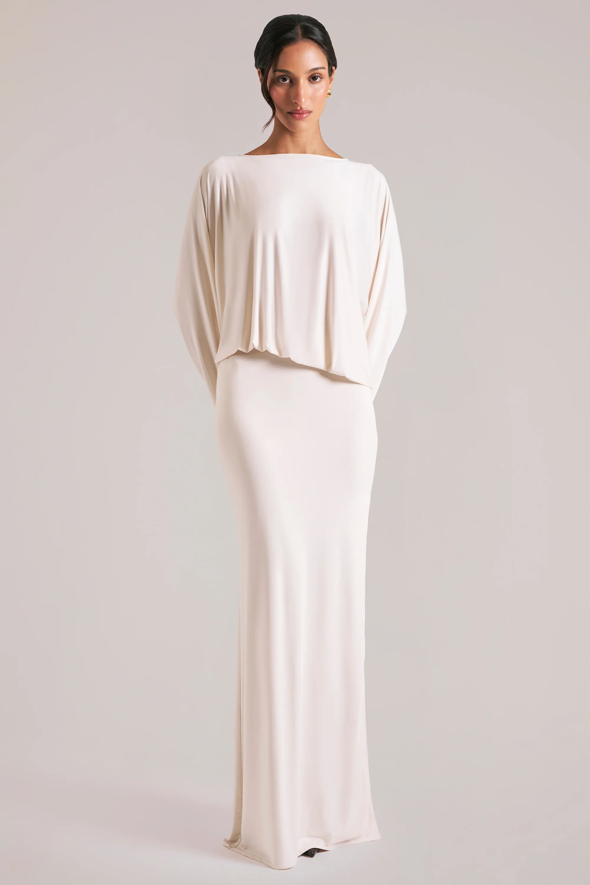 Long-Sleeve Draped Maxi Dress in Ivory