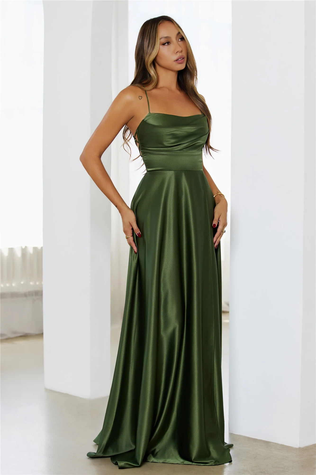 Soft Dressing Satin Maxi Dress Green