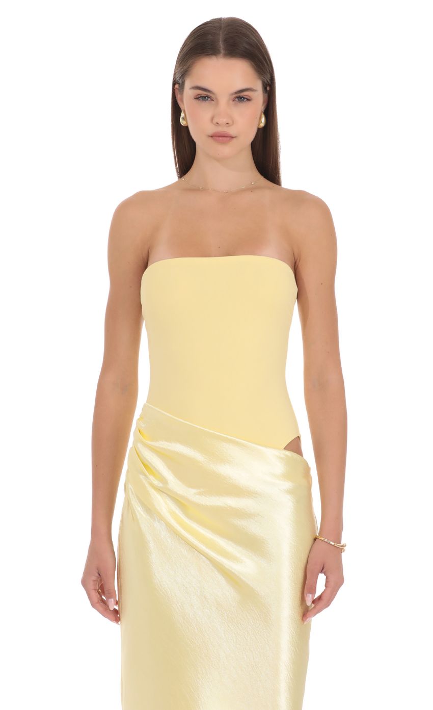 Strapless Draped Satin Maxi Dress in Butter Yellow