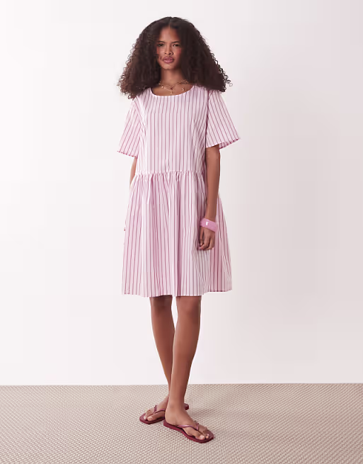 JDY short sleeve mini dress in pink stripes