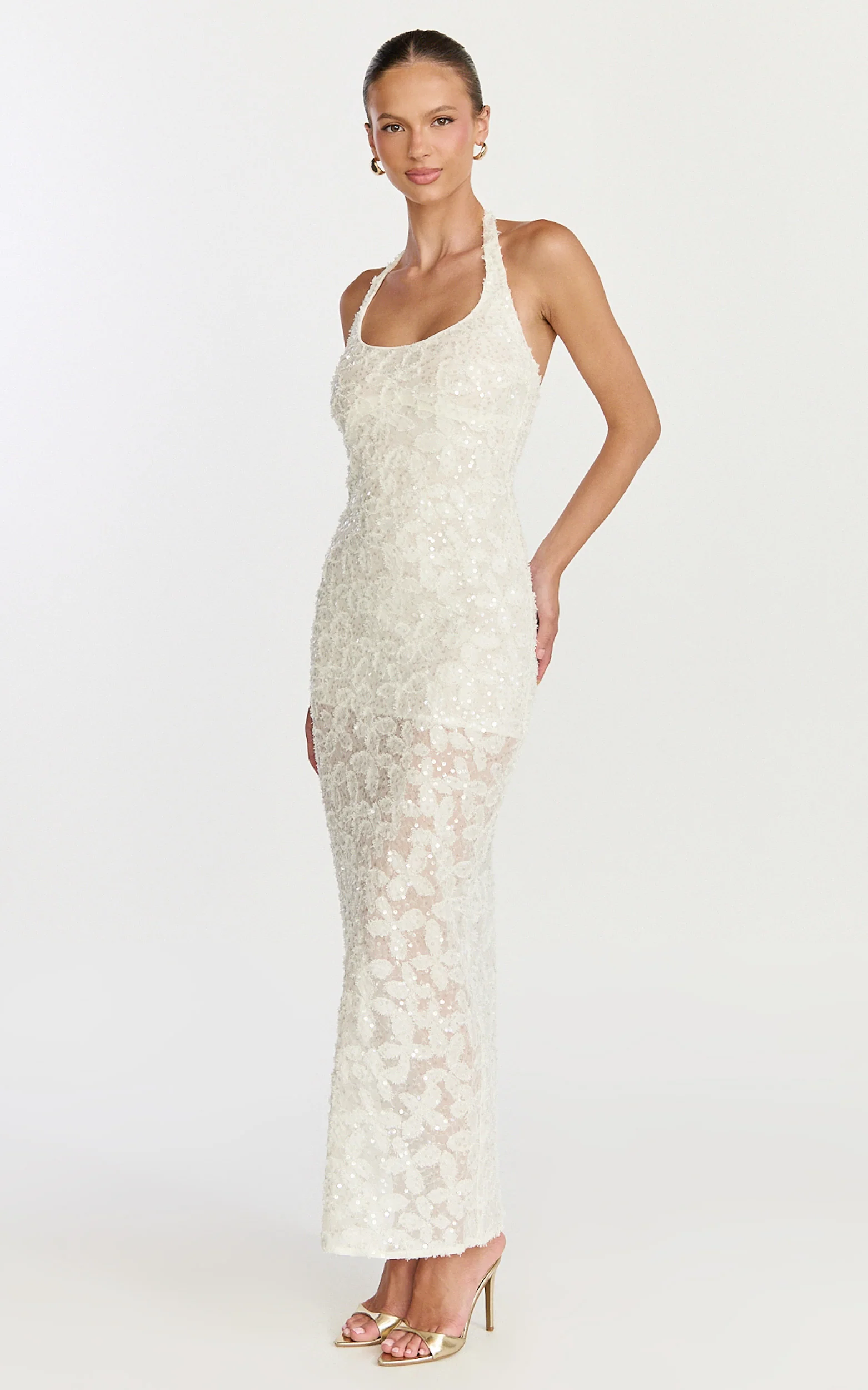 Benny Maxi Dress - Halter Neck Backless Bodycon Dress in Off White