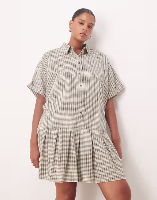 Curve boxy mini shirt dress with dropped waist in black and white plaid