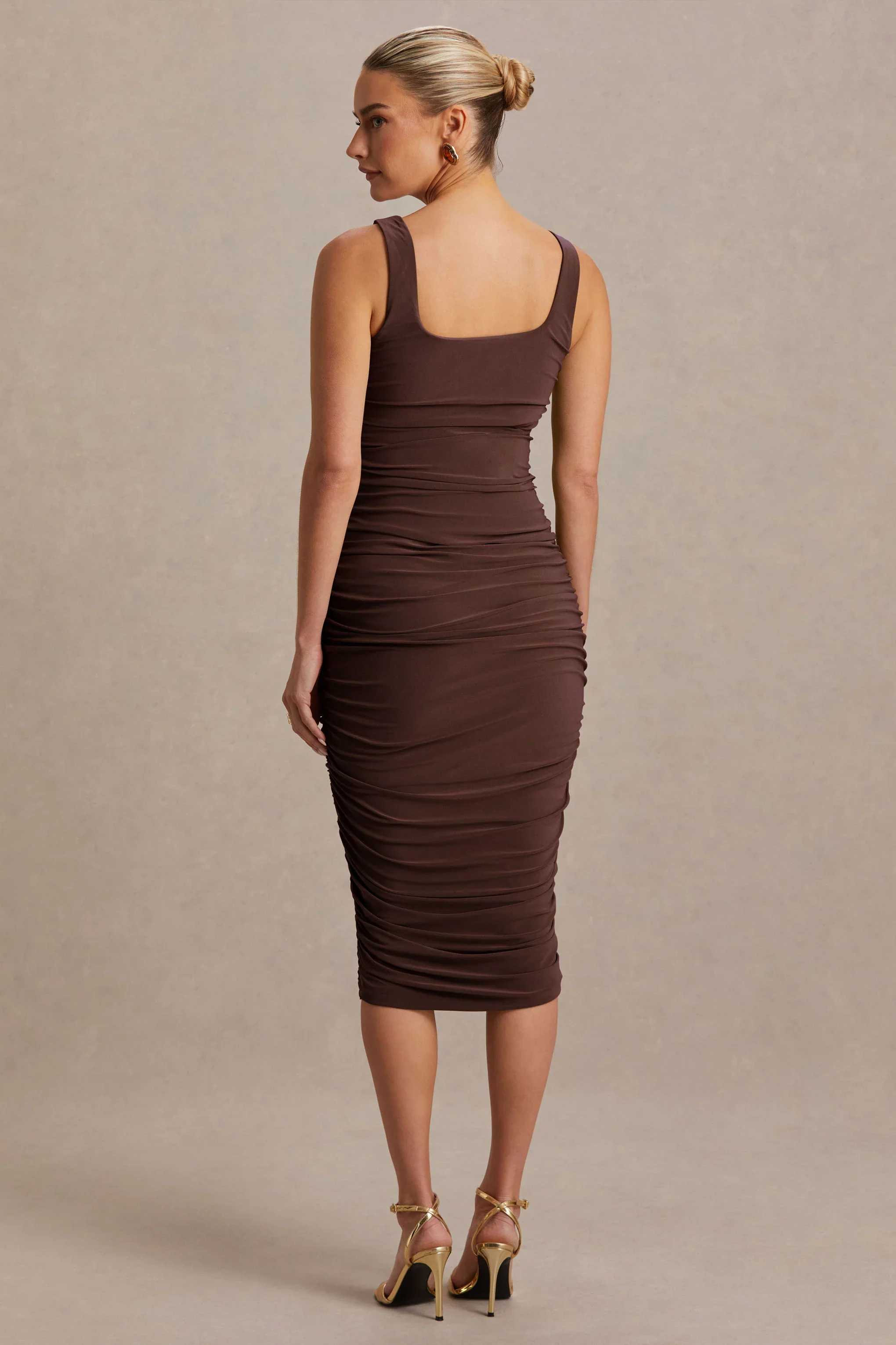 Lisbon | Brown Maternity Square Neck Ruched Midi Dress