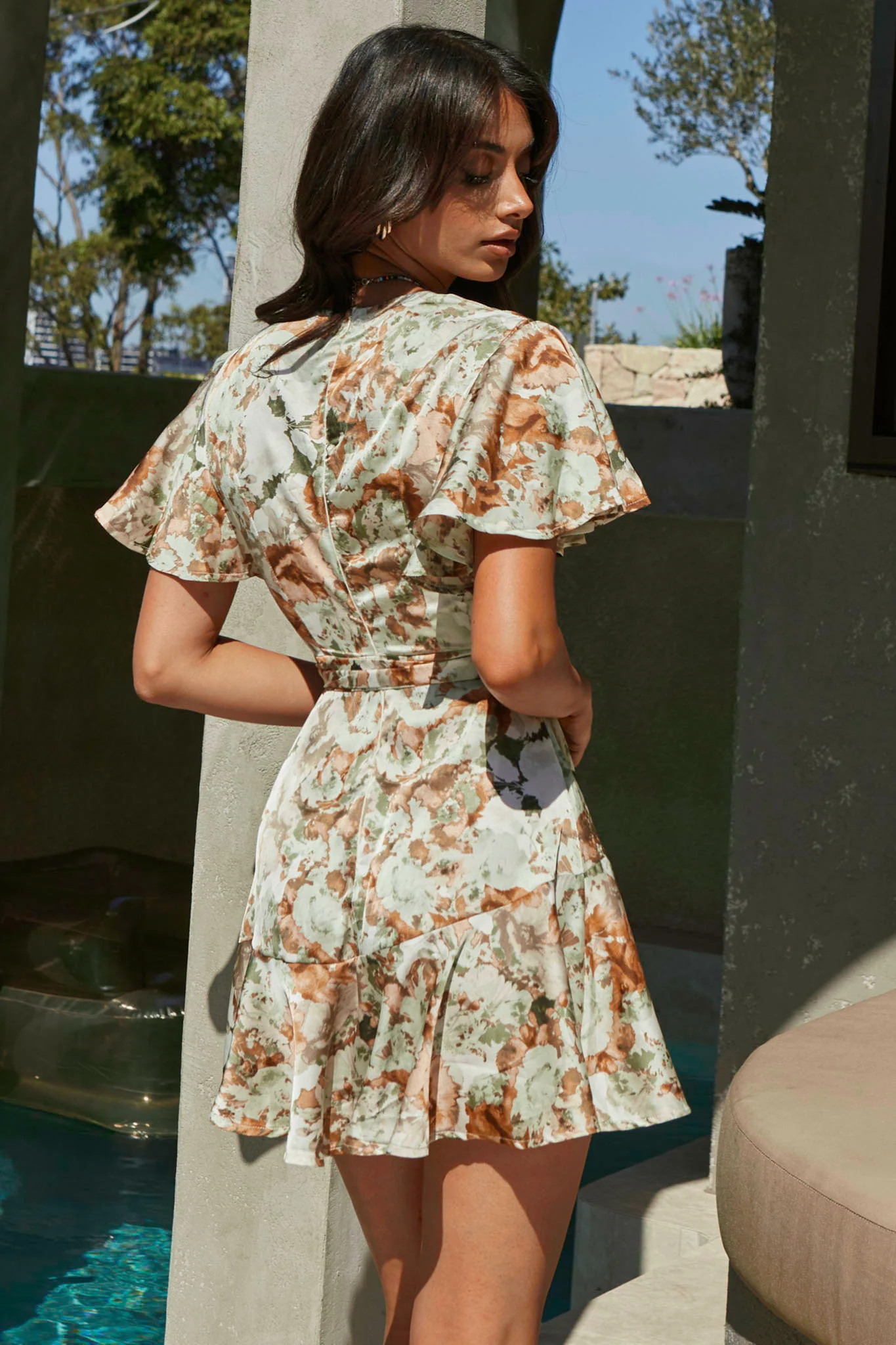 Cami Angel Sleeve Faux Wrap Dress Abstract Floral Print Sage