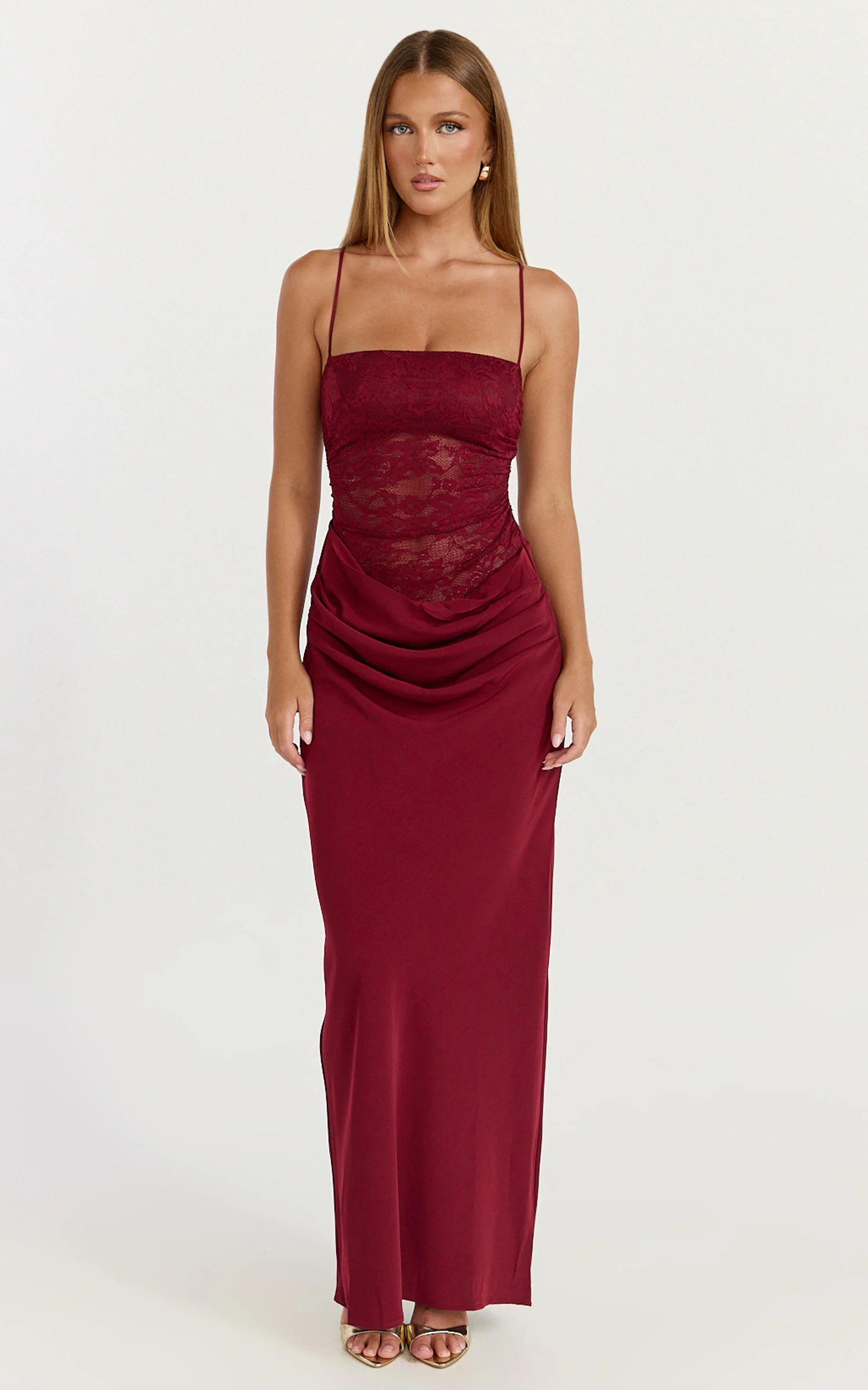 Rania Maxi Dress - Contrast Lace Bodice Bias Cowl Drop Waist Dress in Wine